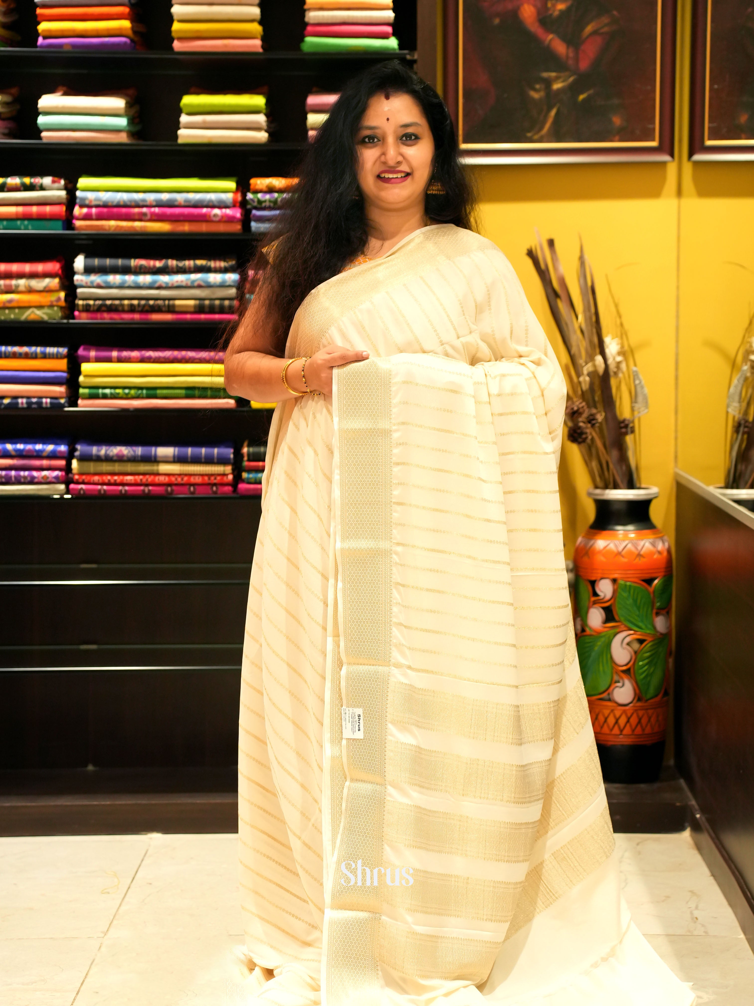 Cream - Mysoresilk-halfpure Saree - Shop on Shrus.com