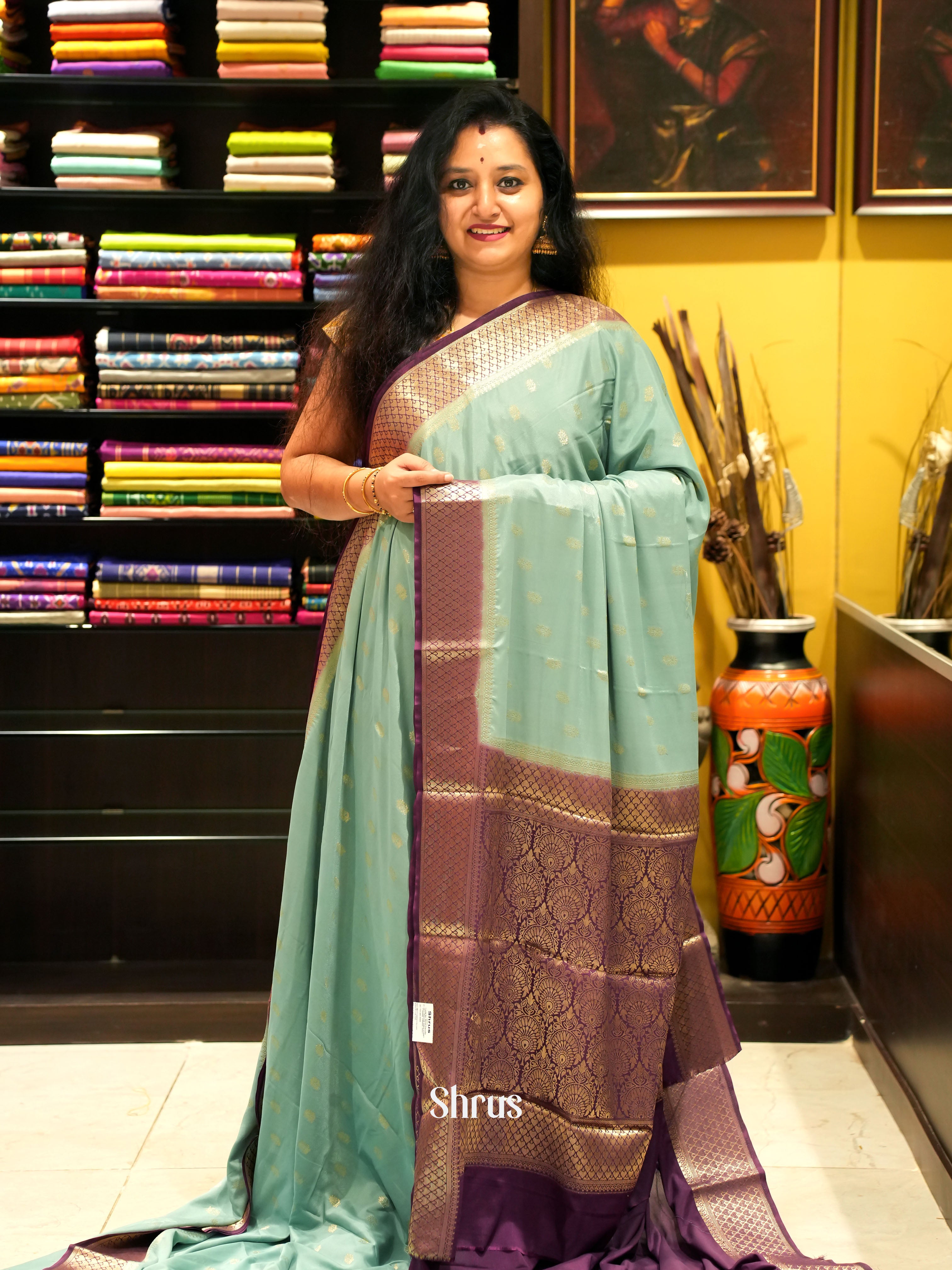Pastel Green & Purple - Mysoresilk-halfpure Saree - Shop on Shrus.com