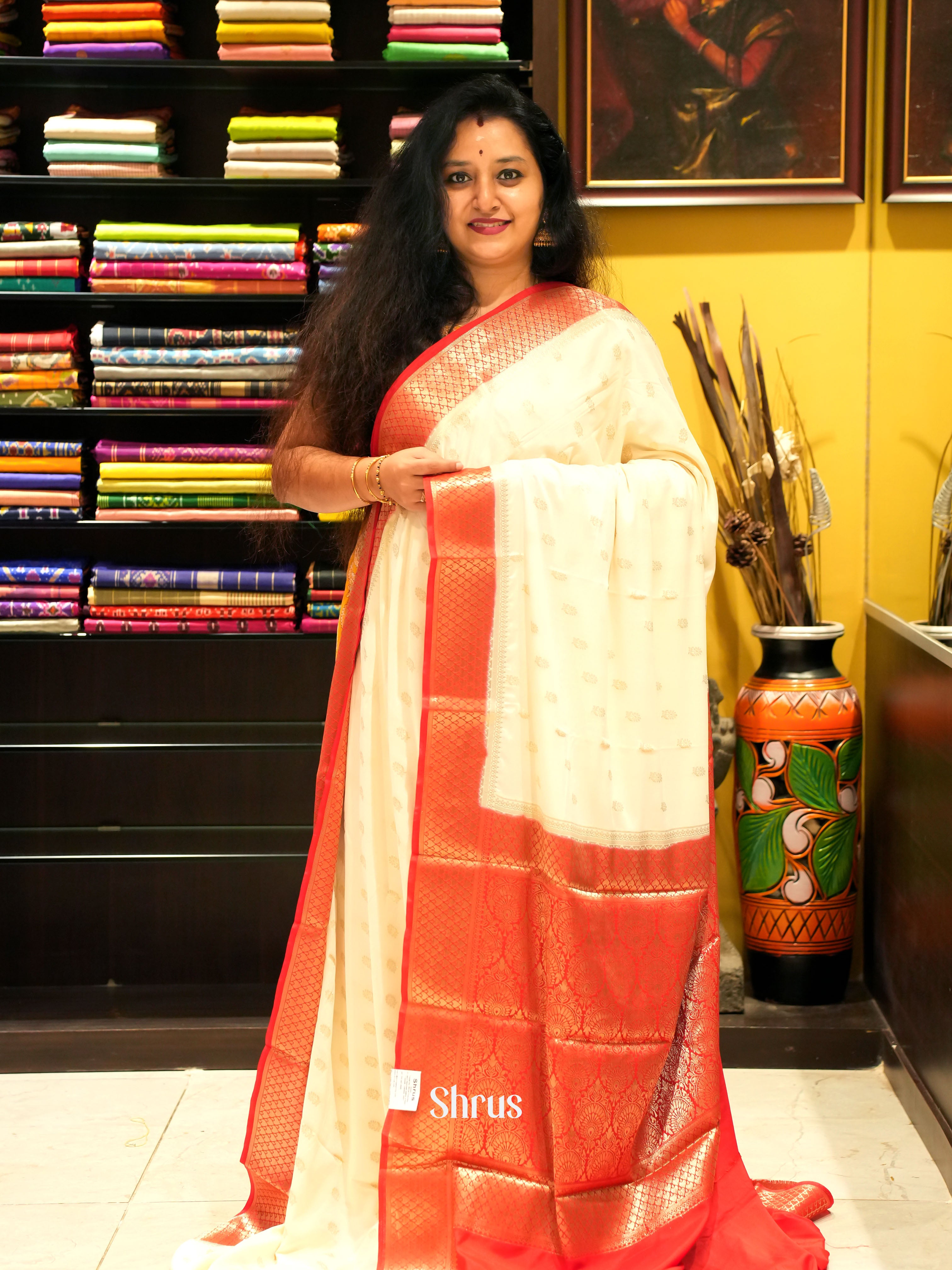 Cream & Red- Mysoresilk-halfpure - Shop on Shrus.com