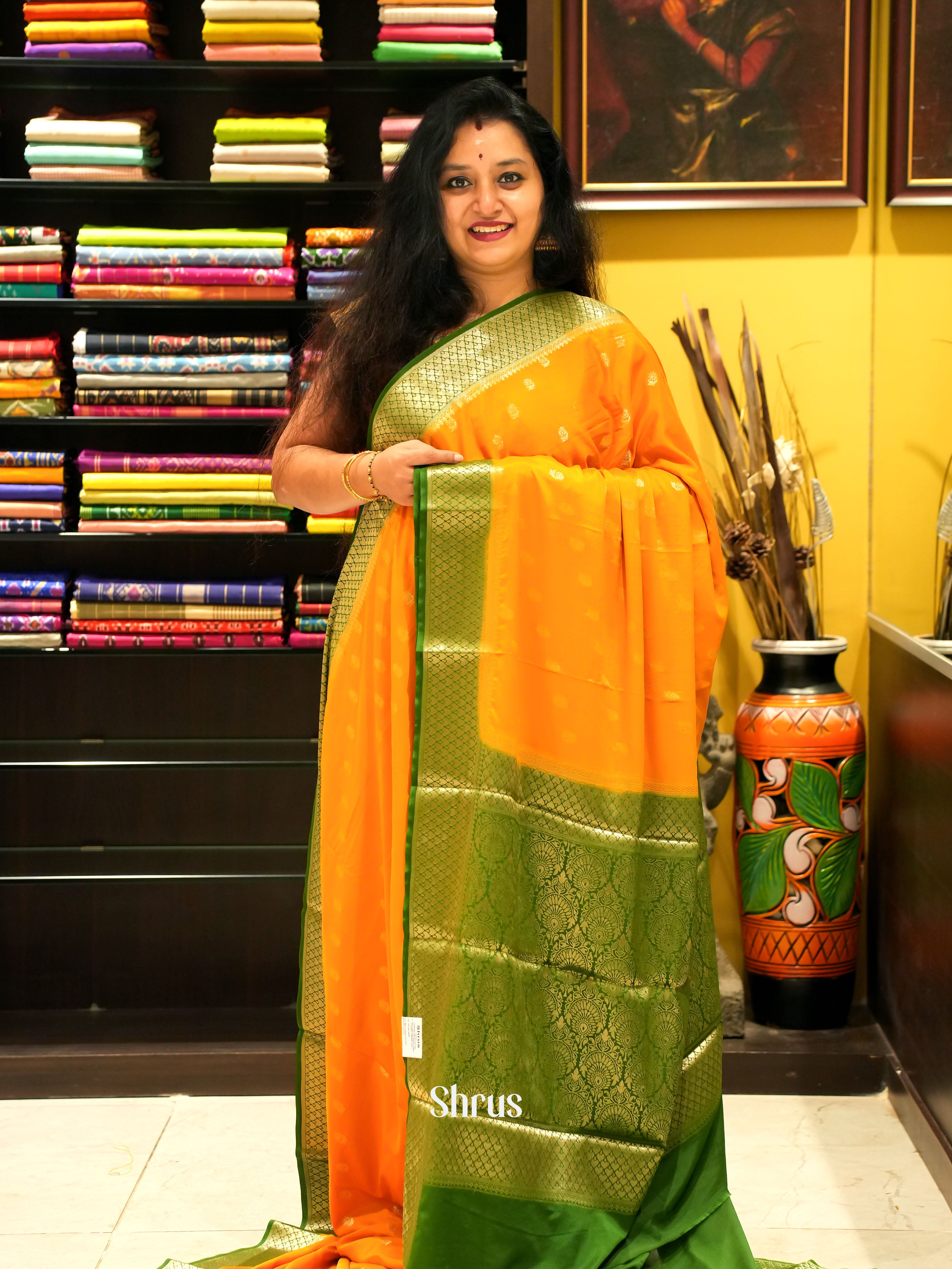 Mambazha Yellow & Green- Mysoresilk-halfpure - Shop on Shrus.com