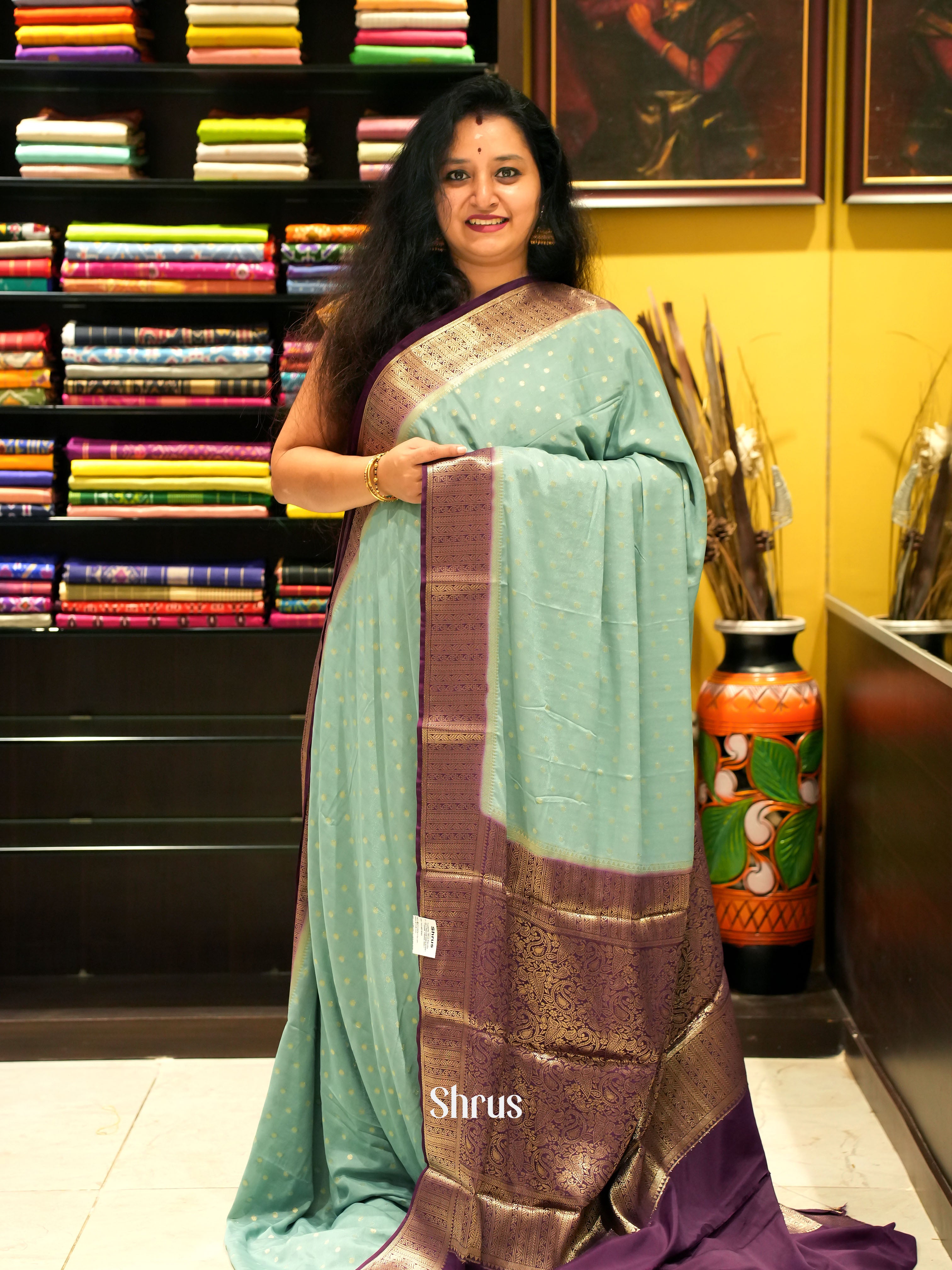 Pastel Green & Purple- Mysoresilk-halfpure - Shop on Shrus.com