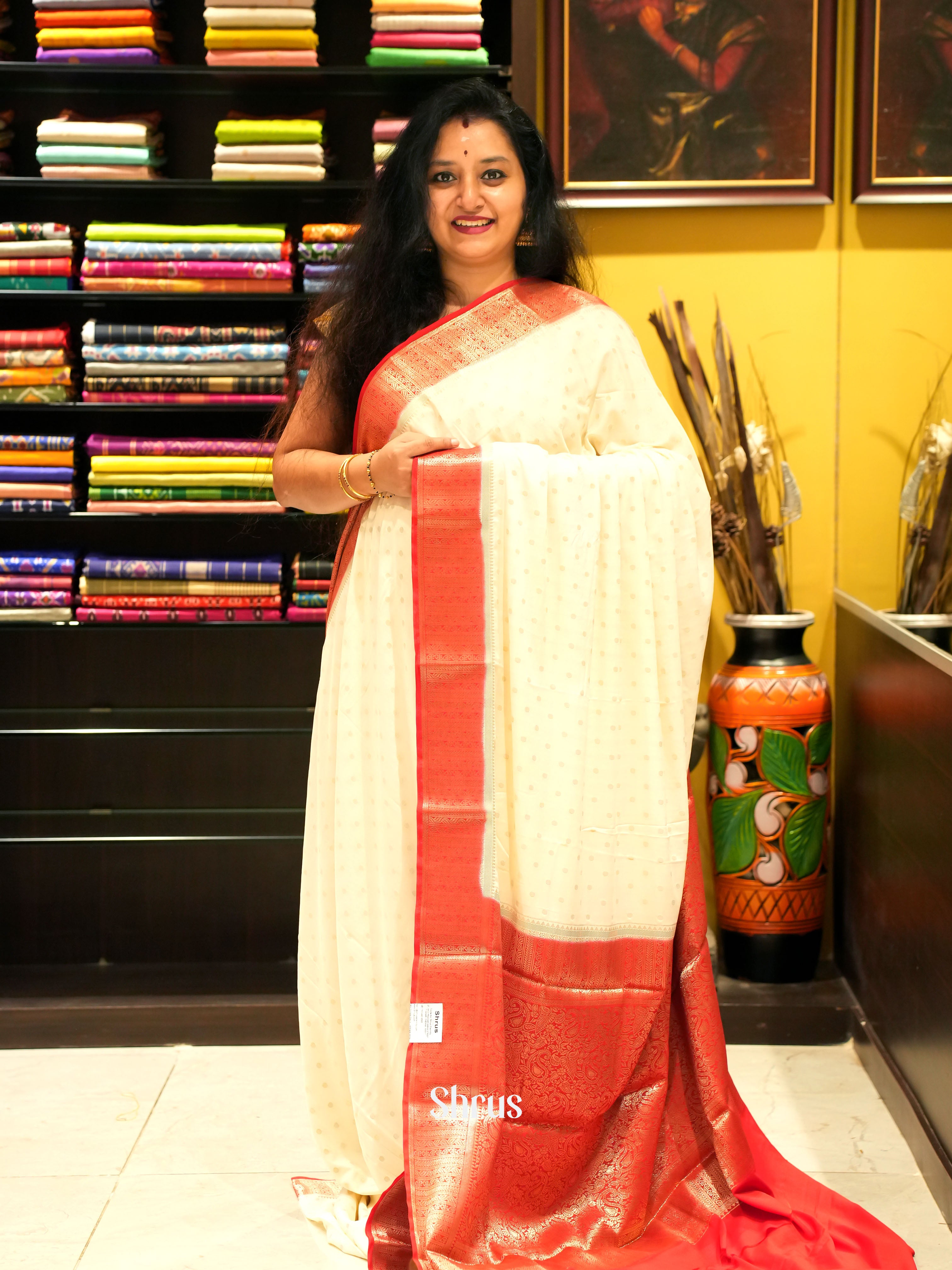 Cream & Red - Mysoresilk-halfpure - Shop on Shrus.com