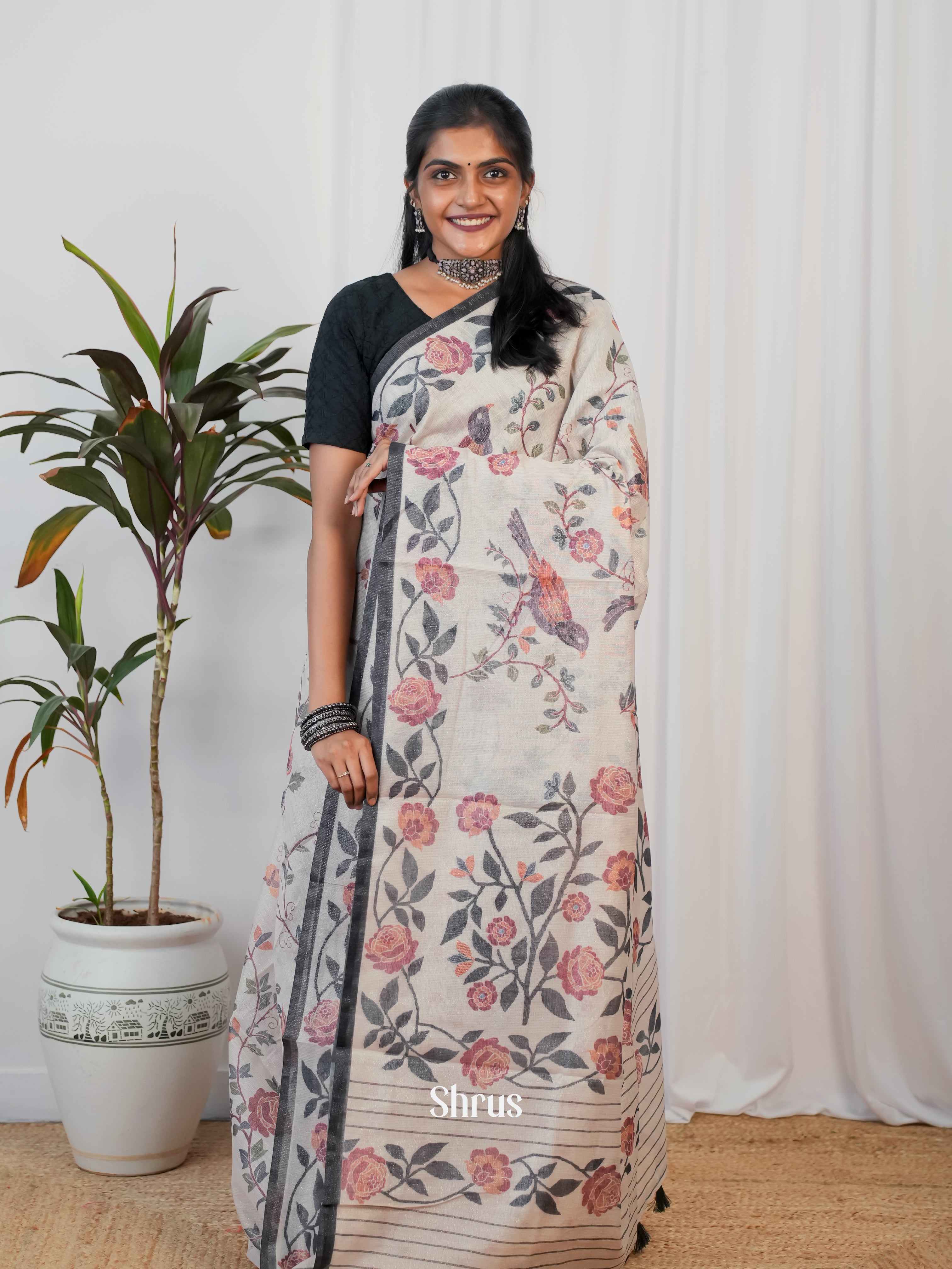 Cream - Semi Crepe Saree - Shop on Shrus.com