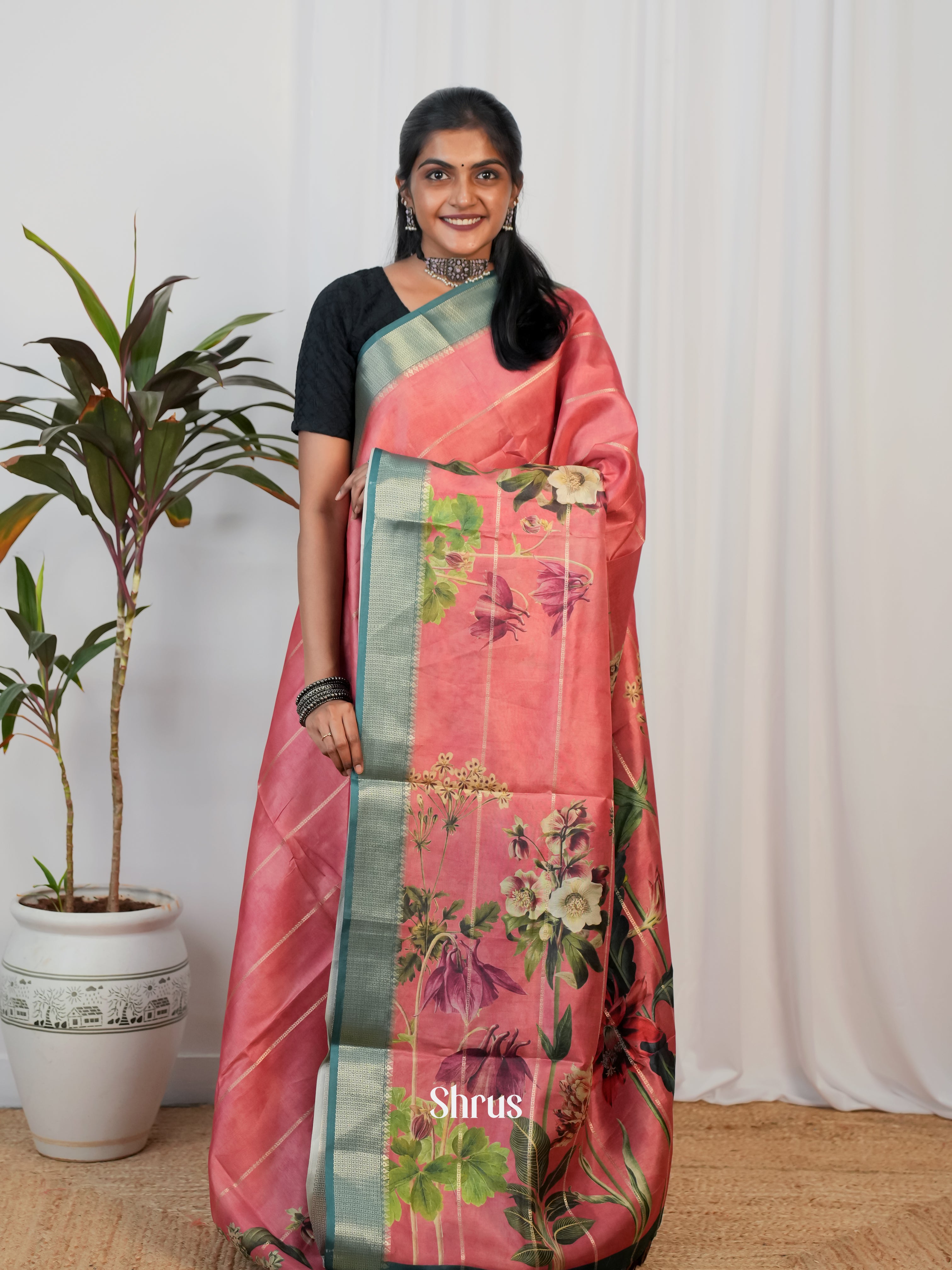 Peachish Pink & Green- Semi Crepe Saree - Shop on Shrus.com