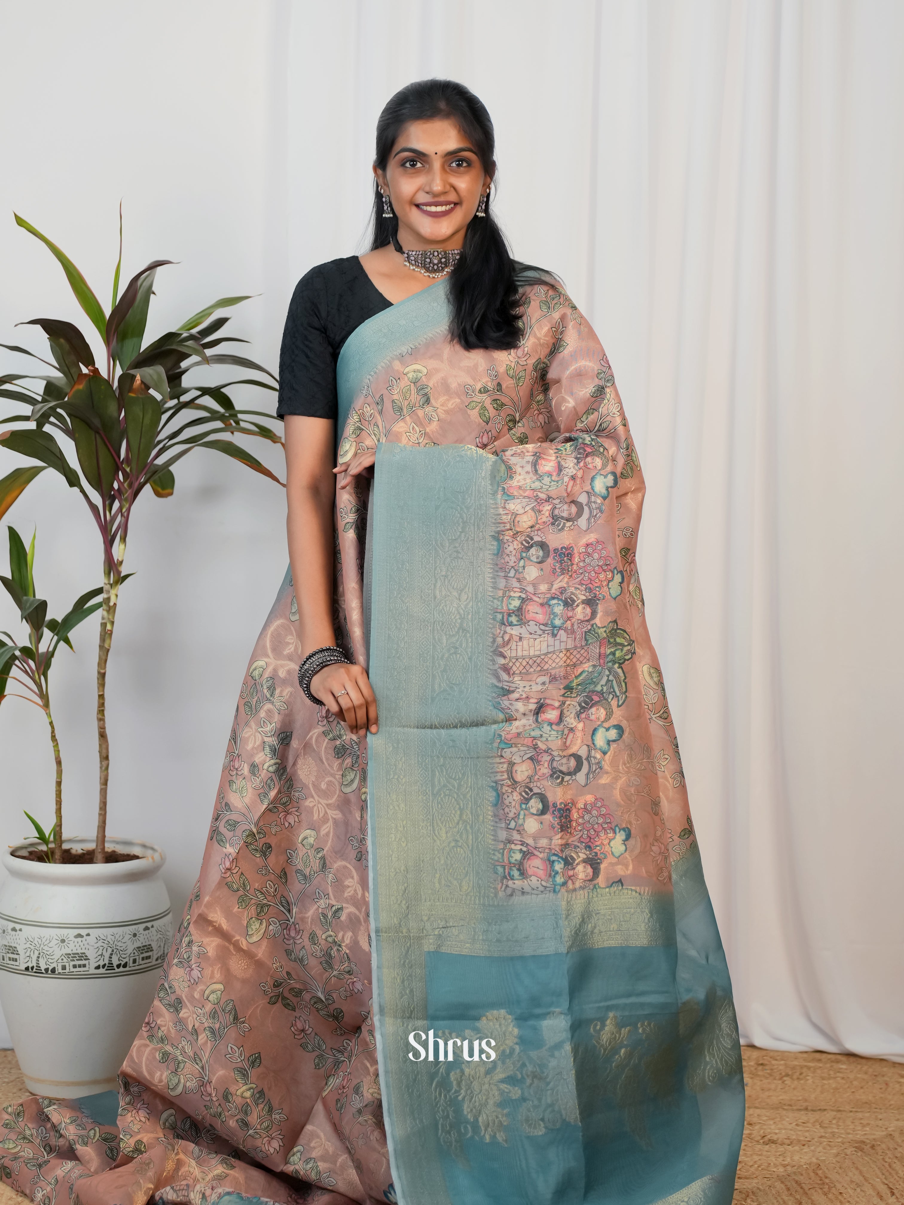 Onion Pink & Blue- Semi Jute Saree - Shop on Shrus.com