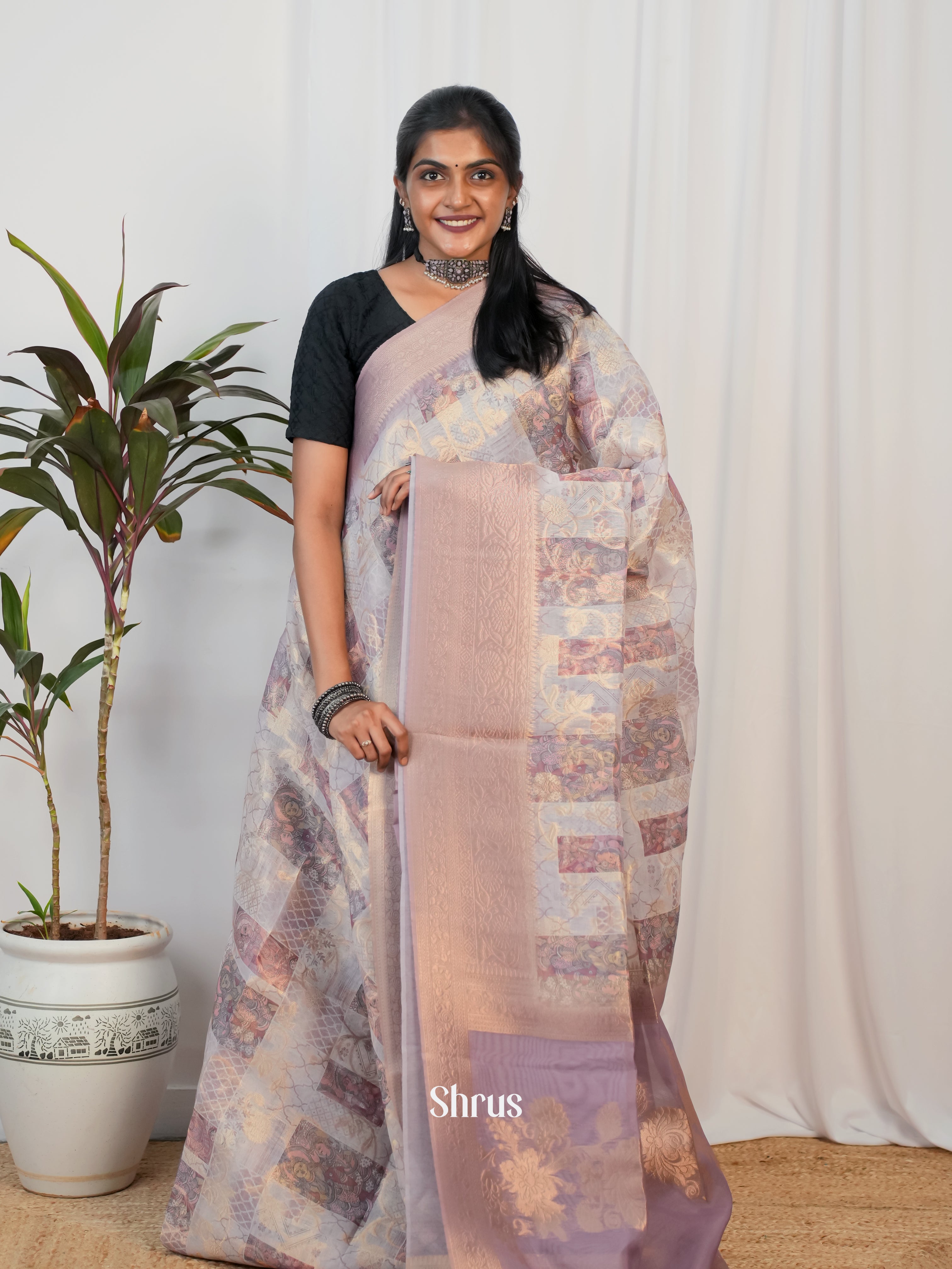 Grey & Purple - Semi Jute Saree - Shop on Shrus.com
