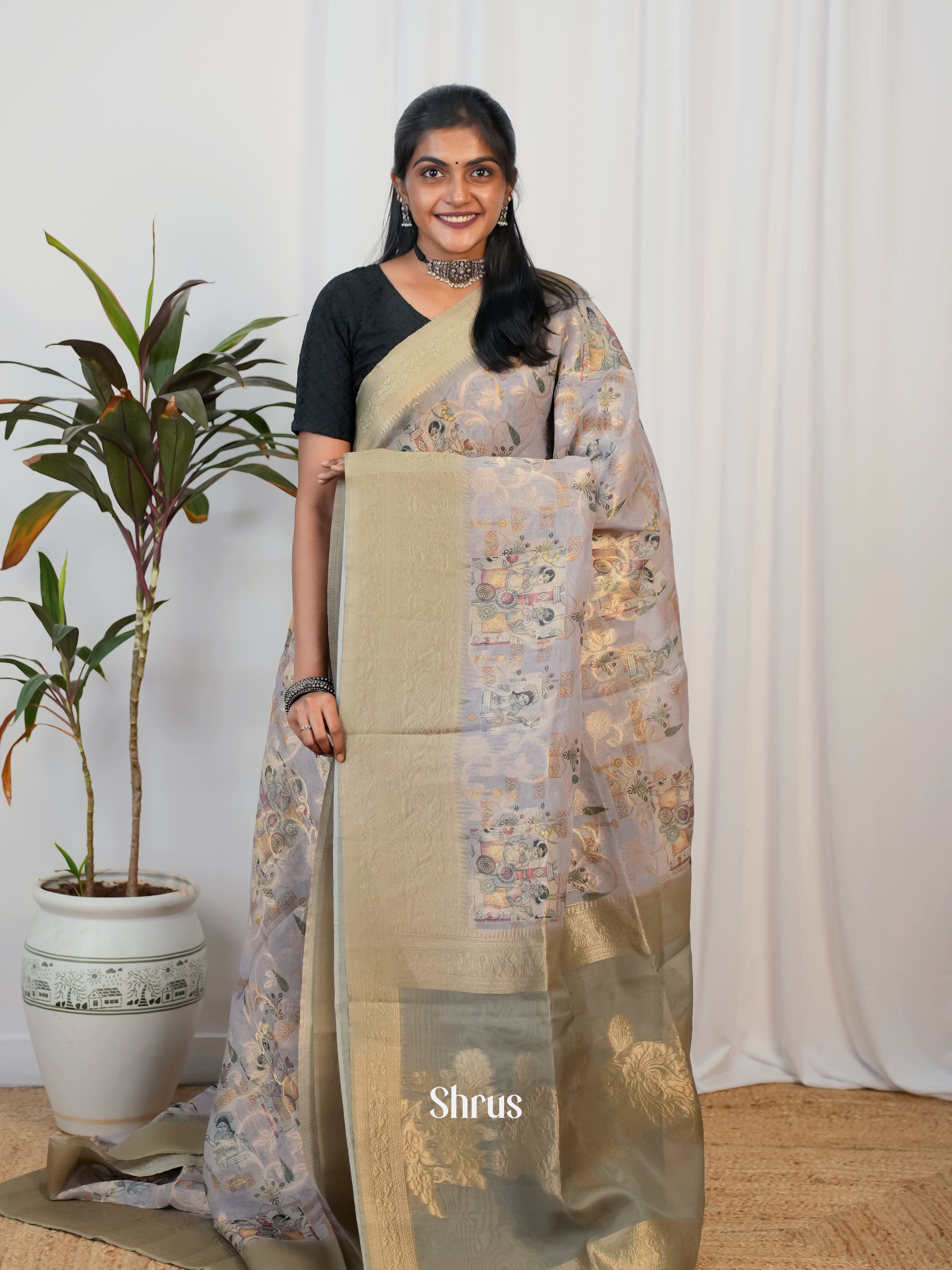 Purple & Grey- Semi Jute Saree - Shop on Shrus.com