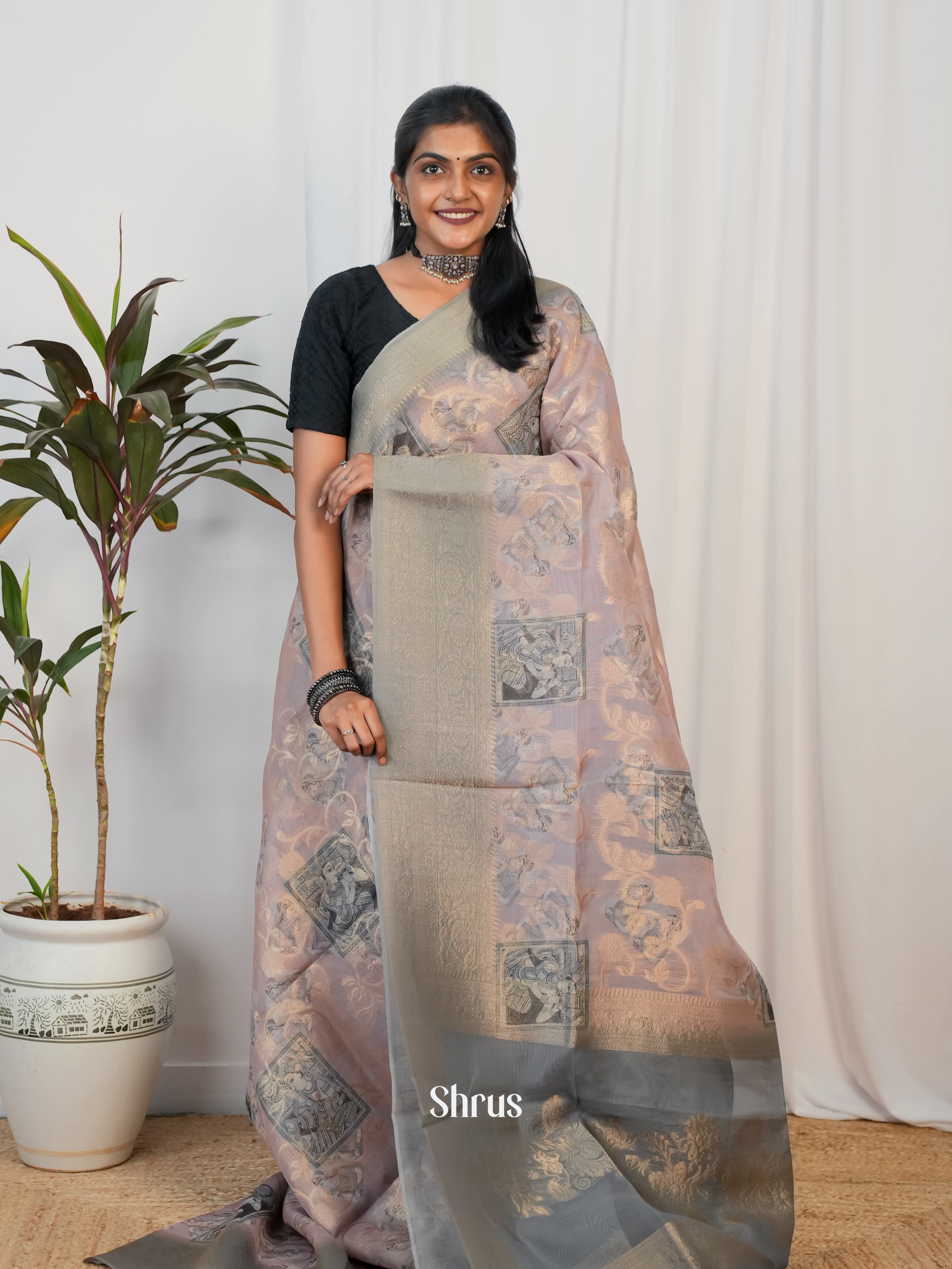 Mild Purple & Grey - Semi Jute Saree - Shop on Shrus.com