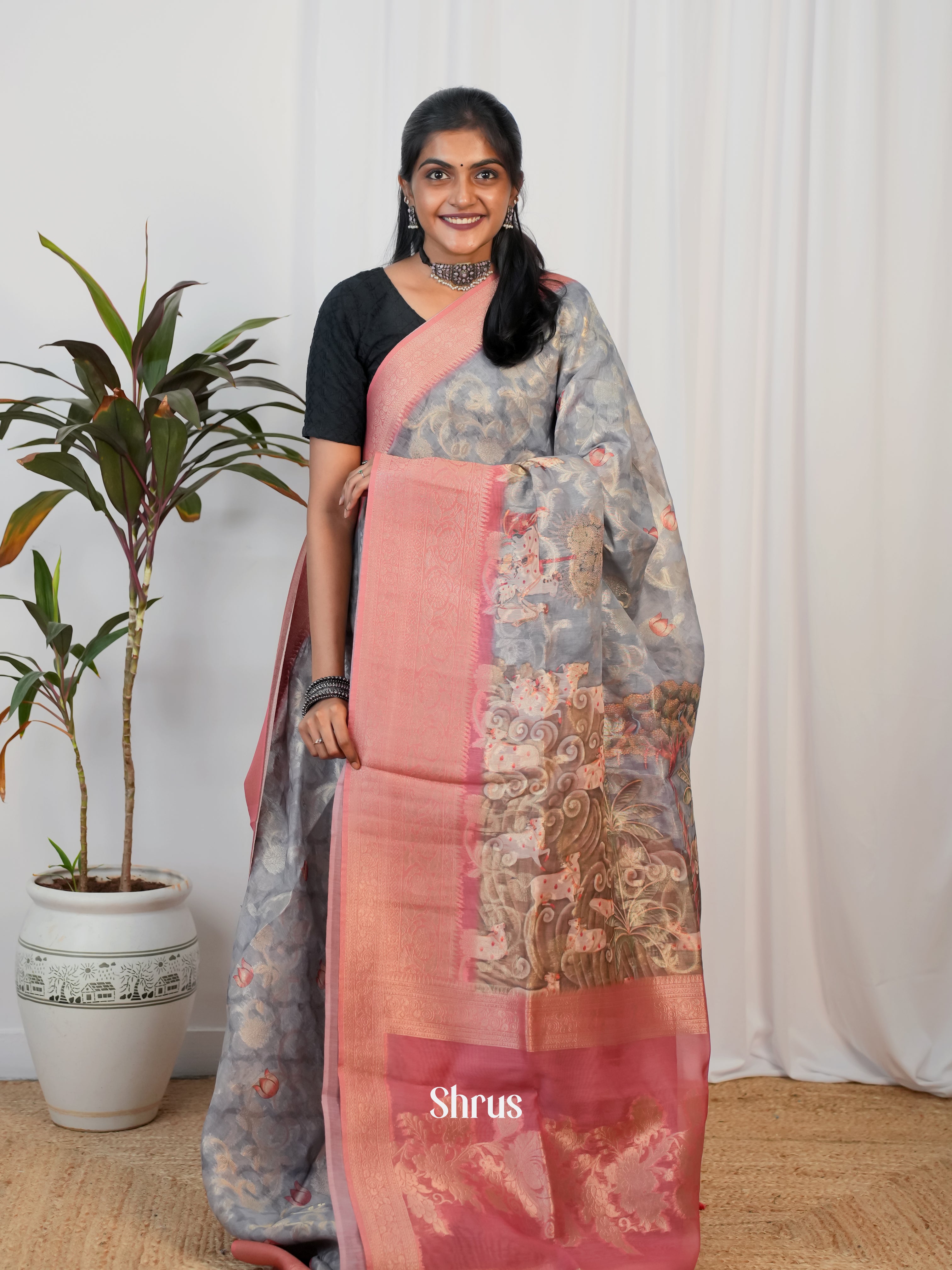 Grey & Pink - Semi Jute Saree - Shop on Shrus.com