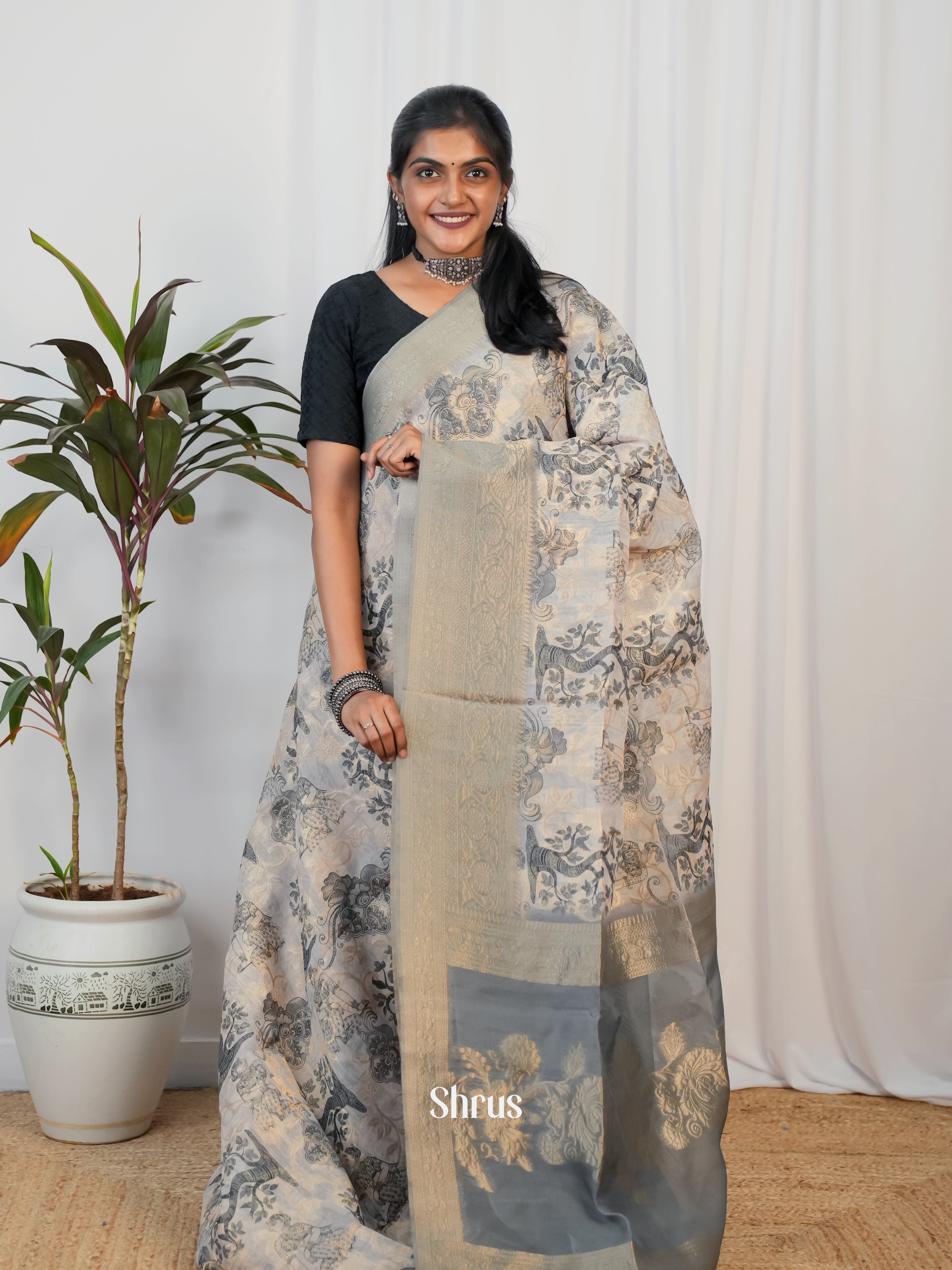 Grey - Semi Jute Saree - Shop on Shrus.com