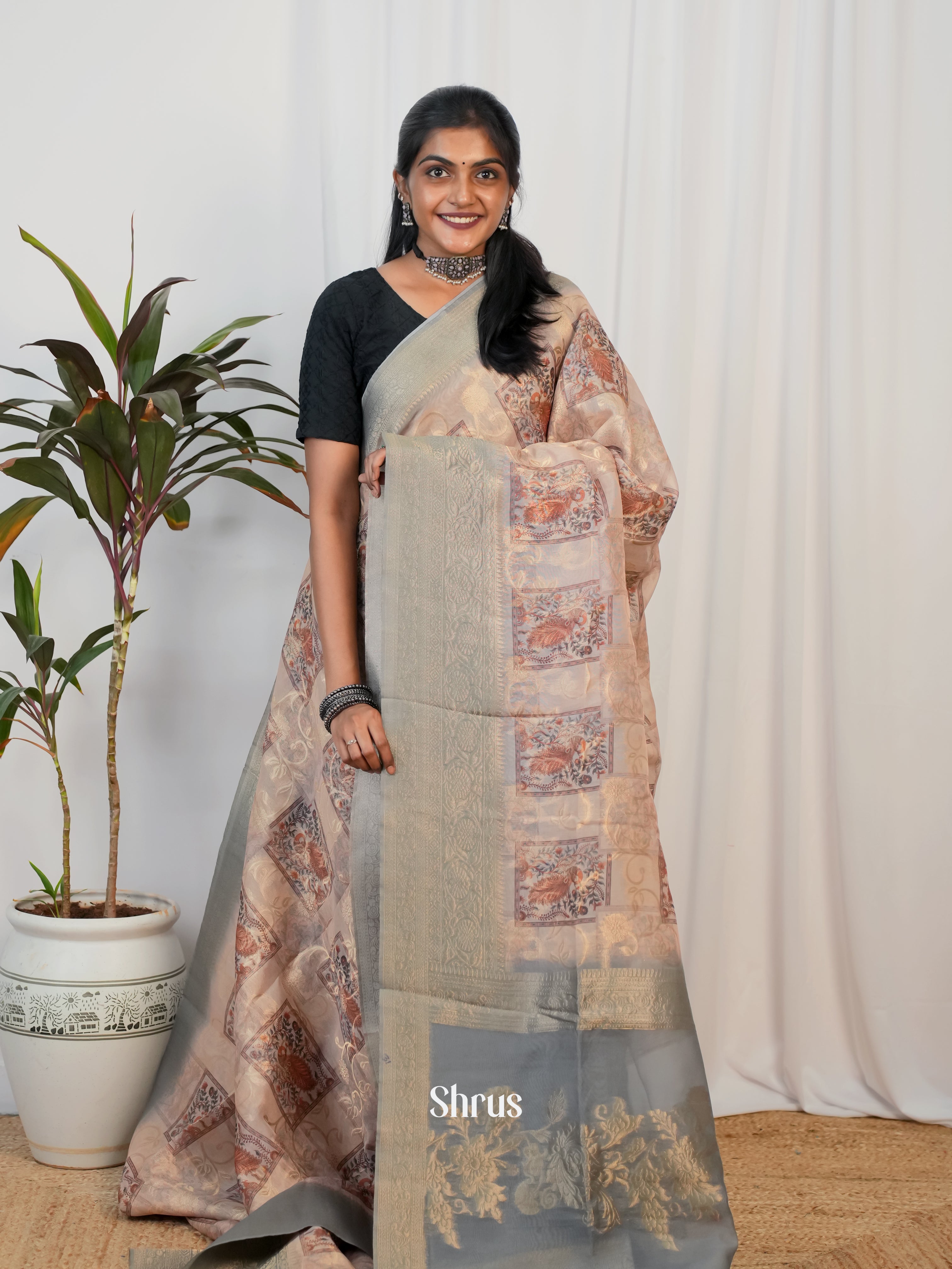 Grey - Semi Jute Saree - Shop on Shrus.com