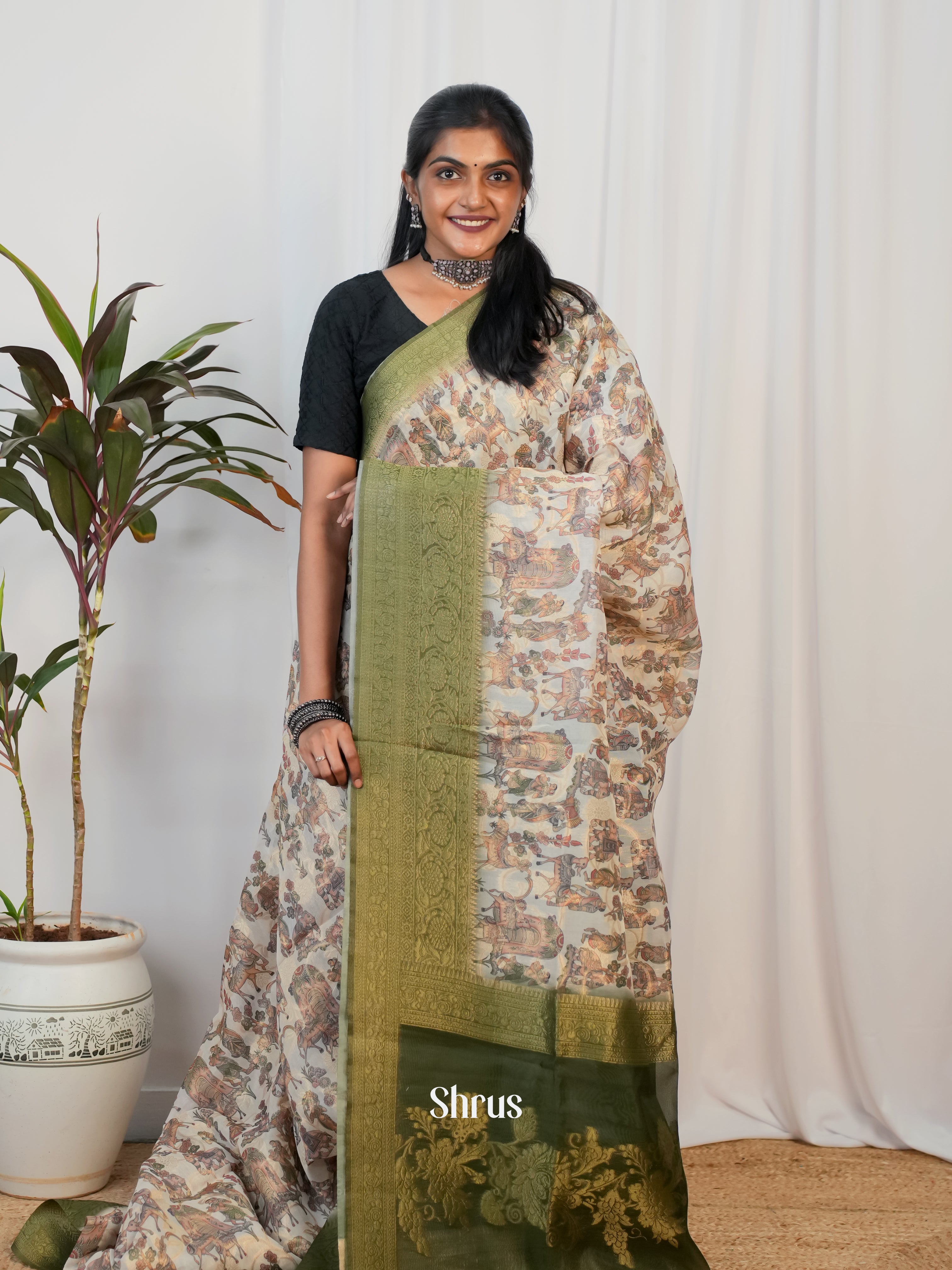 Grey & Green - Semi Jute Saree - Shop on Shrus.com