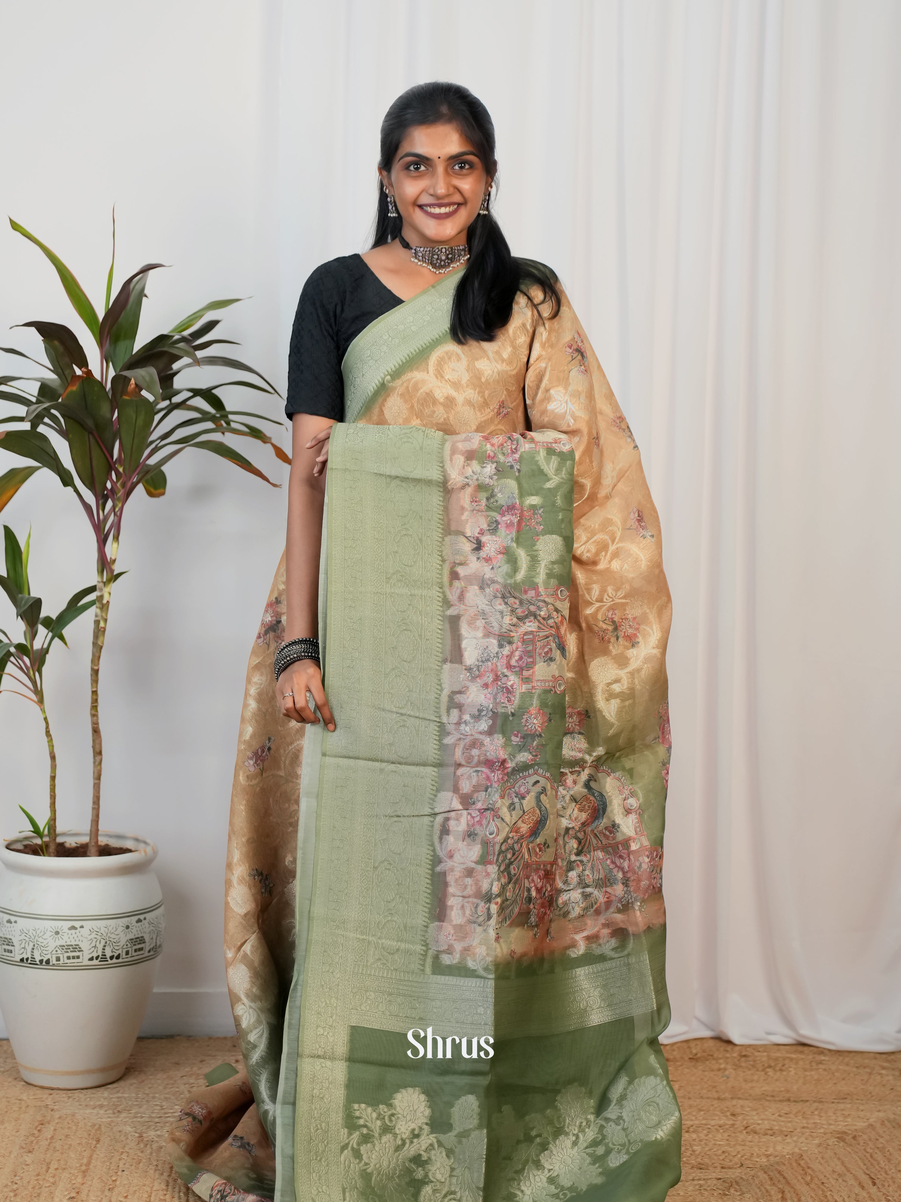 Peach & Green - Semi Jute Saree - Shop on Shrus.com