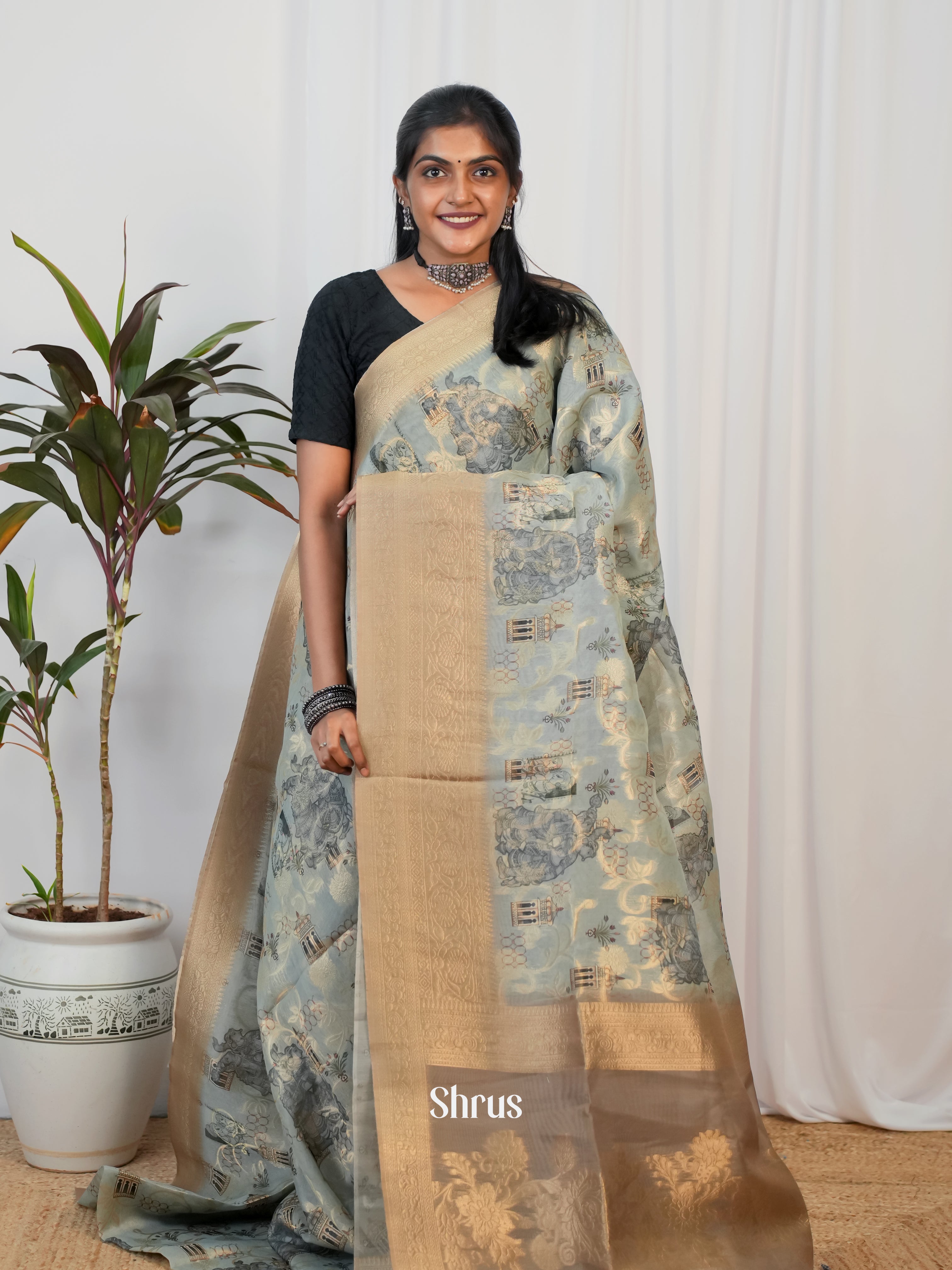 Grey & Brown - Semi Jute Saree - Shop on Shrus.com