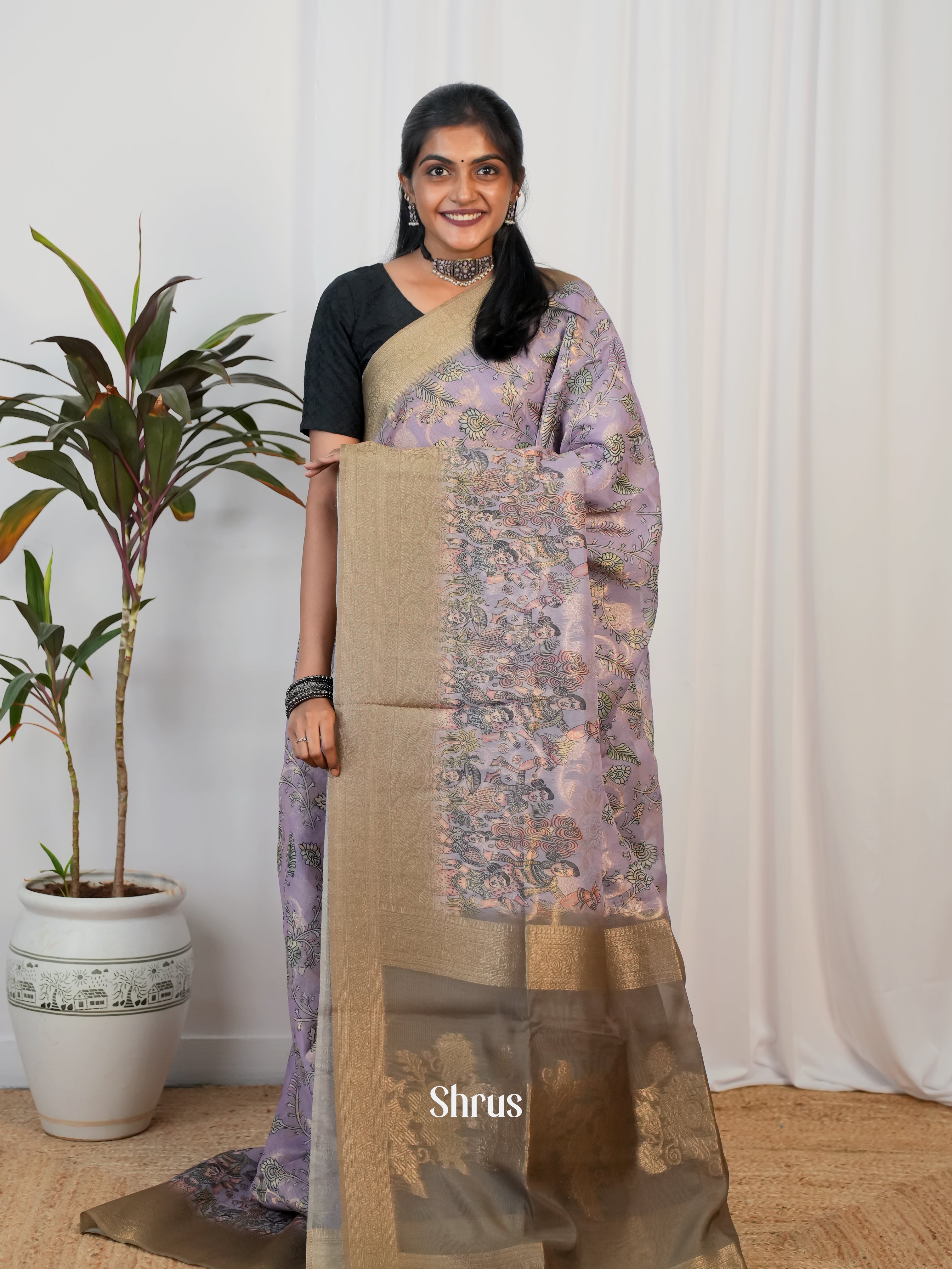 Purple & Grey- Semi Jute Saree - Shop on Shrus.com