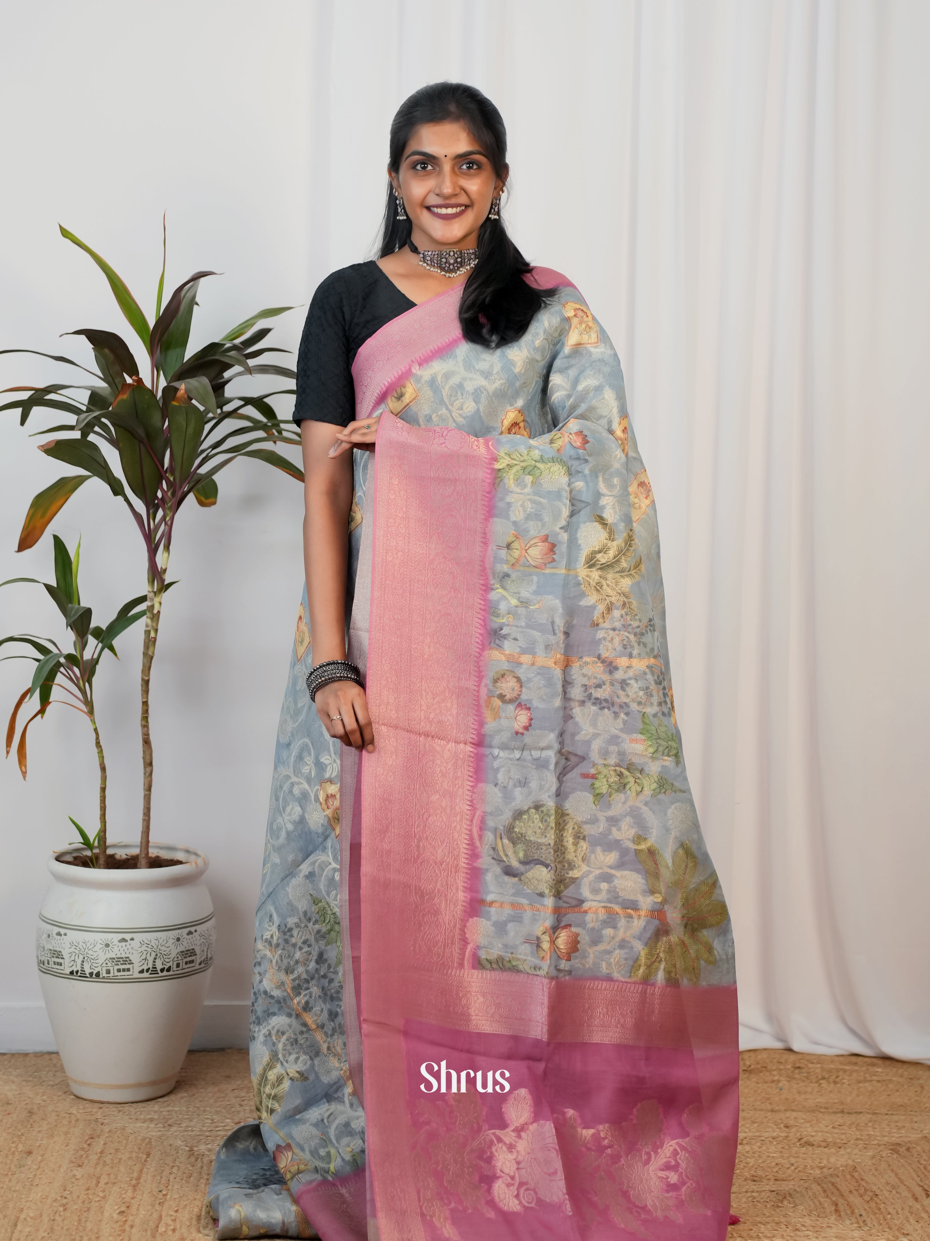 Grey& Pink- Semi Jute Saree - Shop on Shrus.com