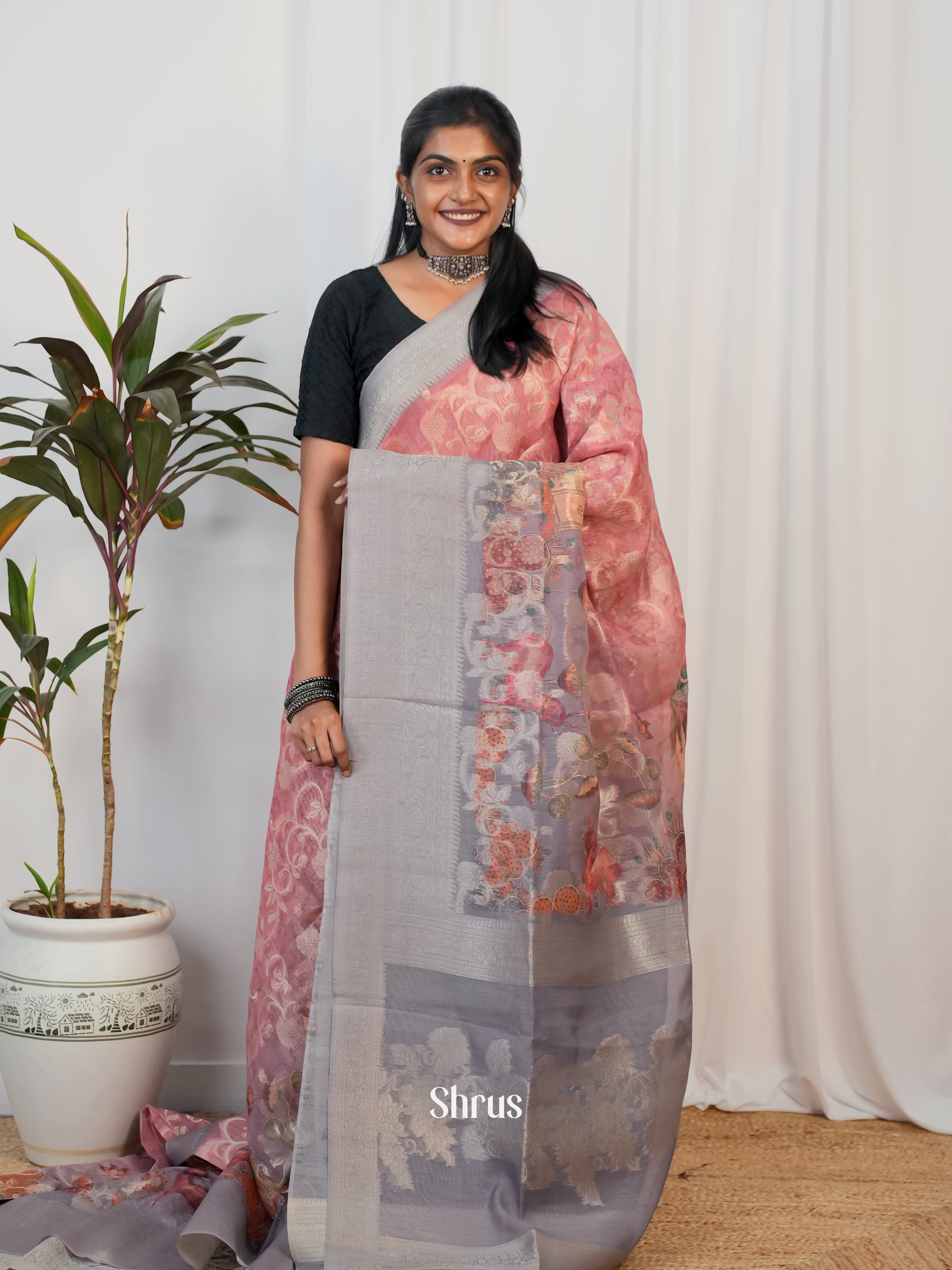 Pink & Grey - Semi Jute Saree - Shop on Shrus.com