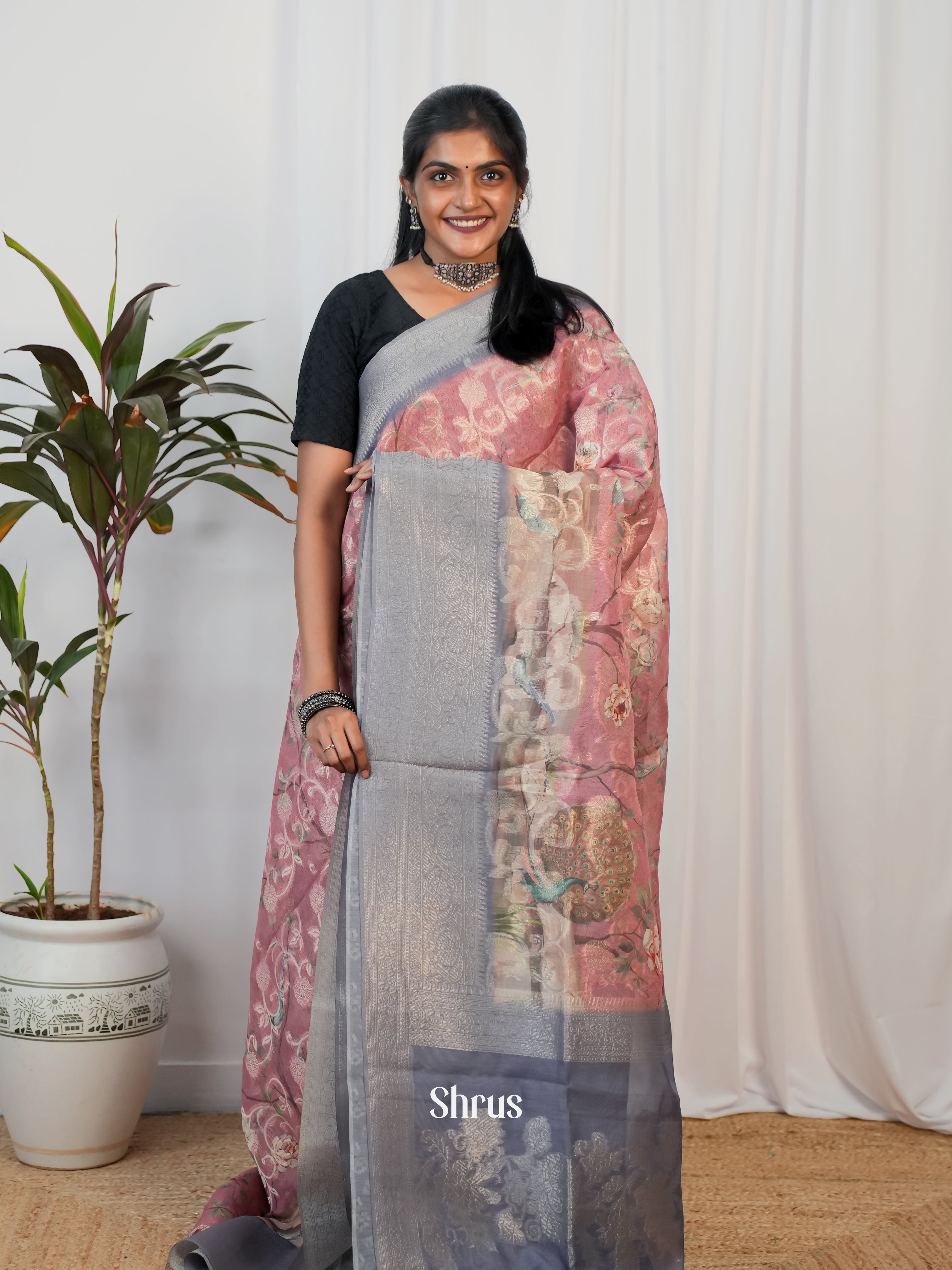 Pink & Grey- Semi Jute Saree - Shop on Shrus.com
