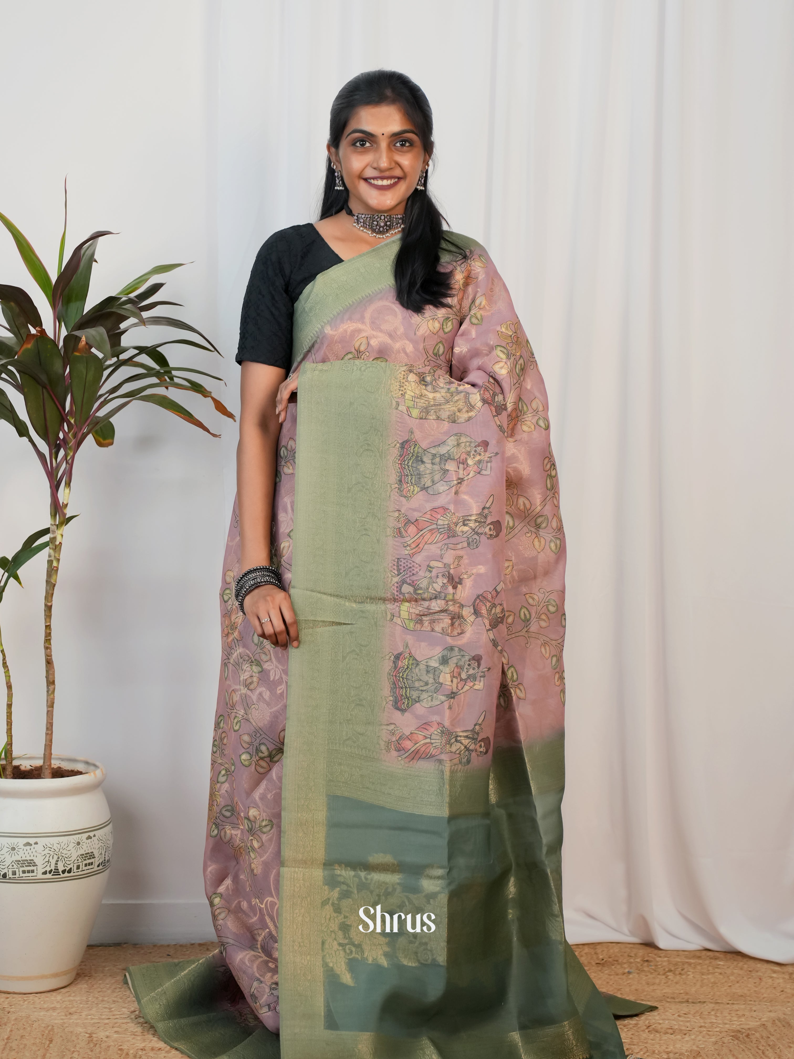 Pink & Green - Semi Jute Saree - Shop on Shrus.com