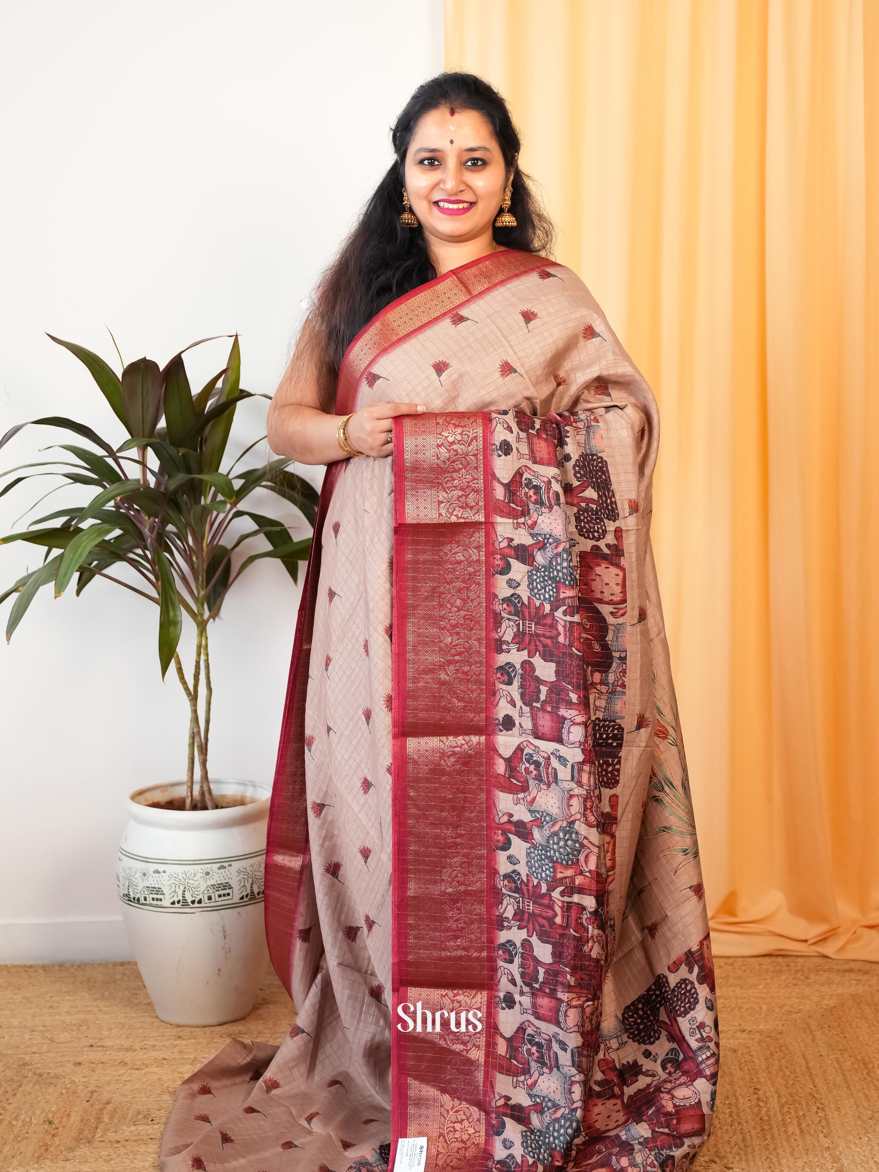 Lite Brown & Red- Semi Jute Saree - Shop on Shrus.com