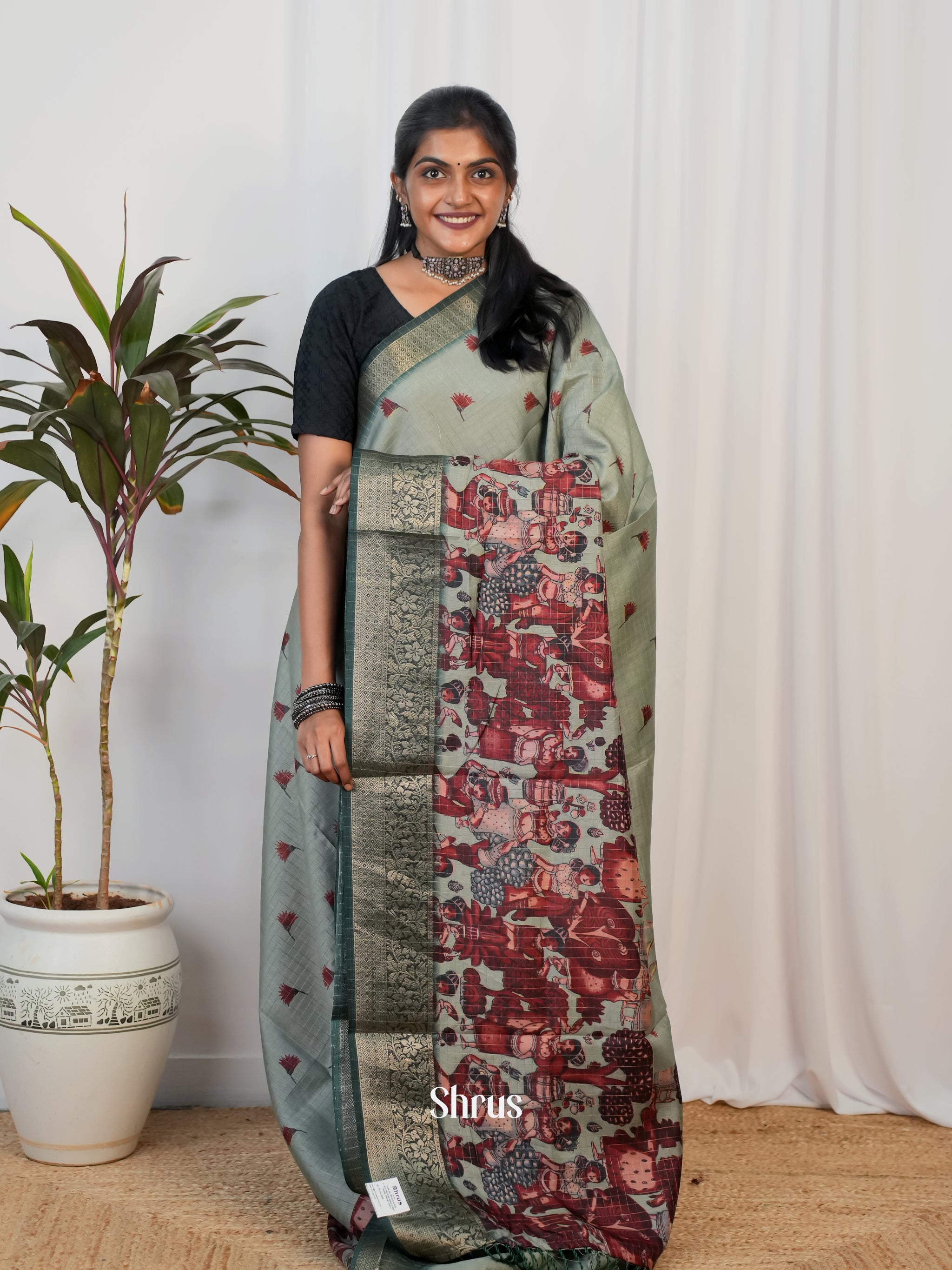 Baswada Jute Silk Saree - Grey & Sea Green Color main image 0