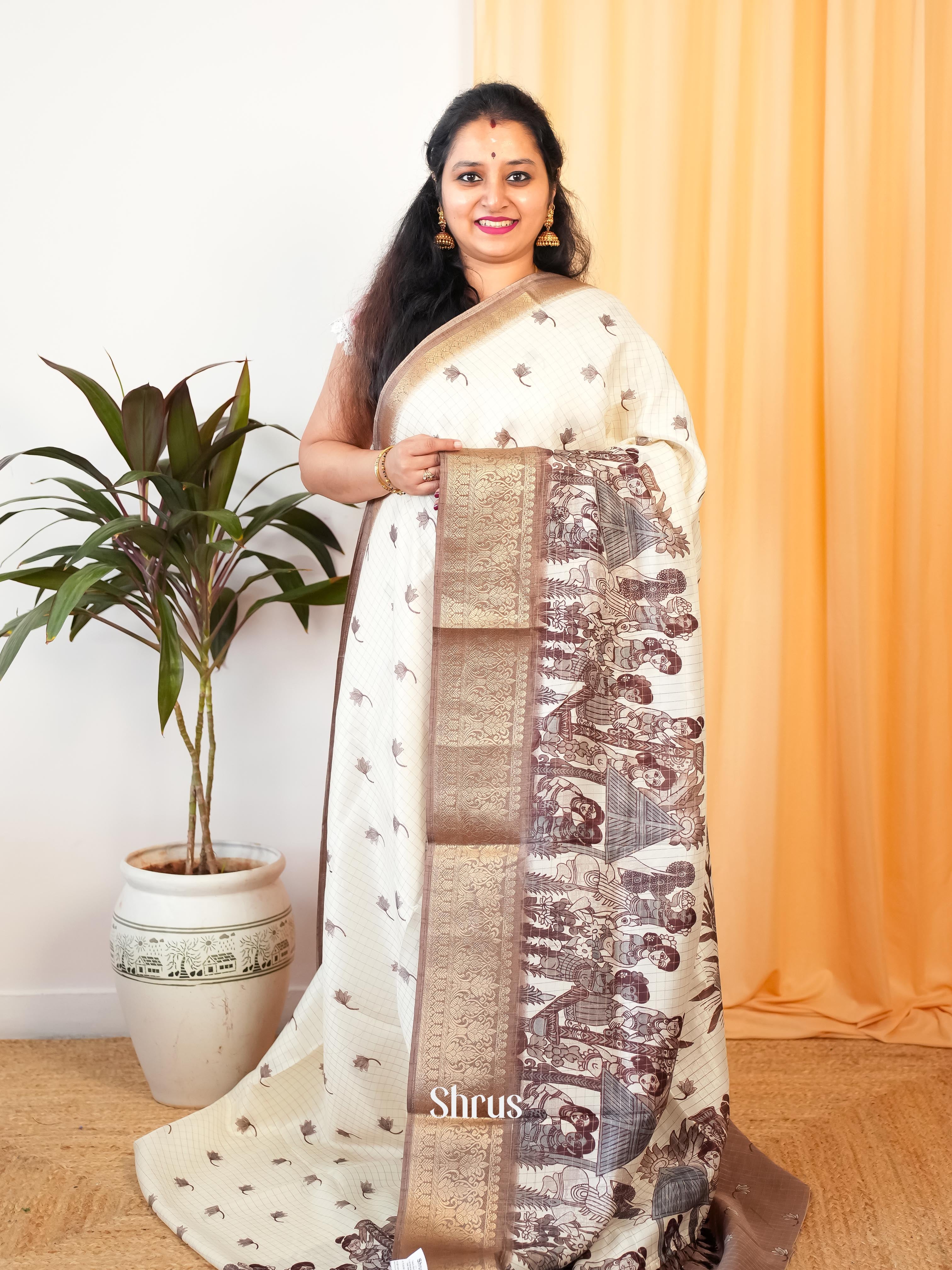 Cream & Grey - Semi Jute Saree - Shop on Shrus.com
