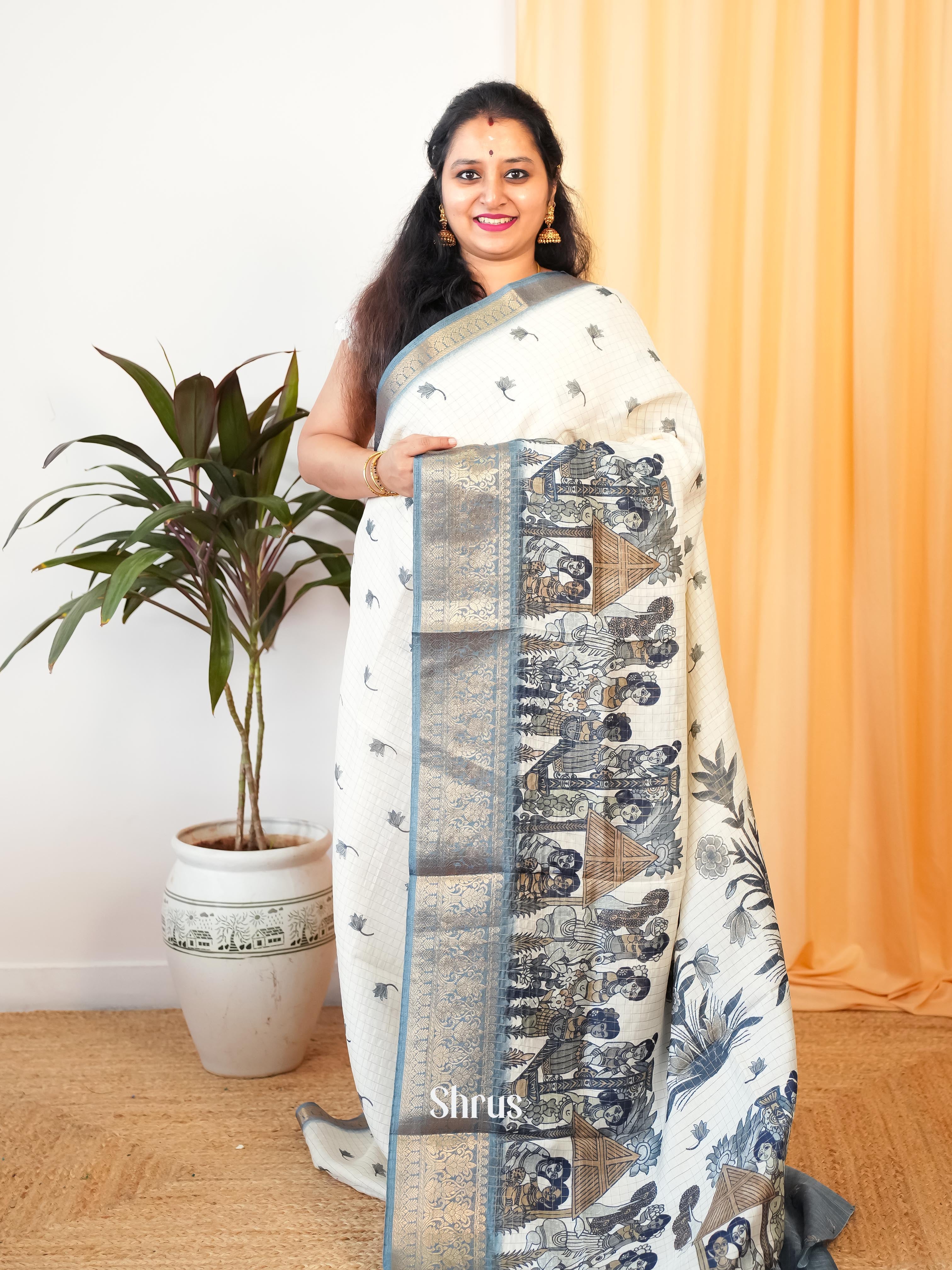 Cream & Grey - Semi Jute Saree - Shop on Shrus.com