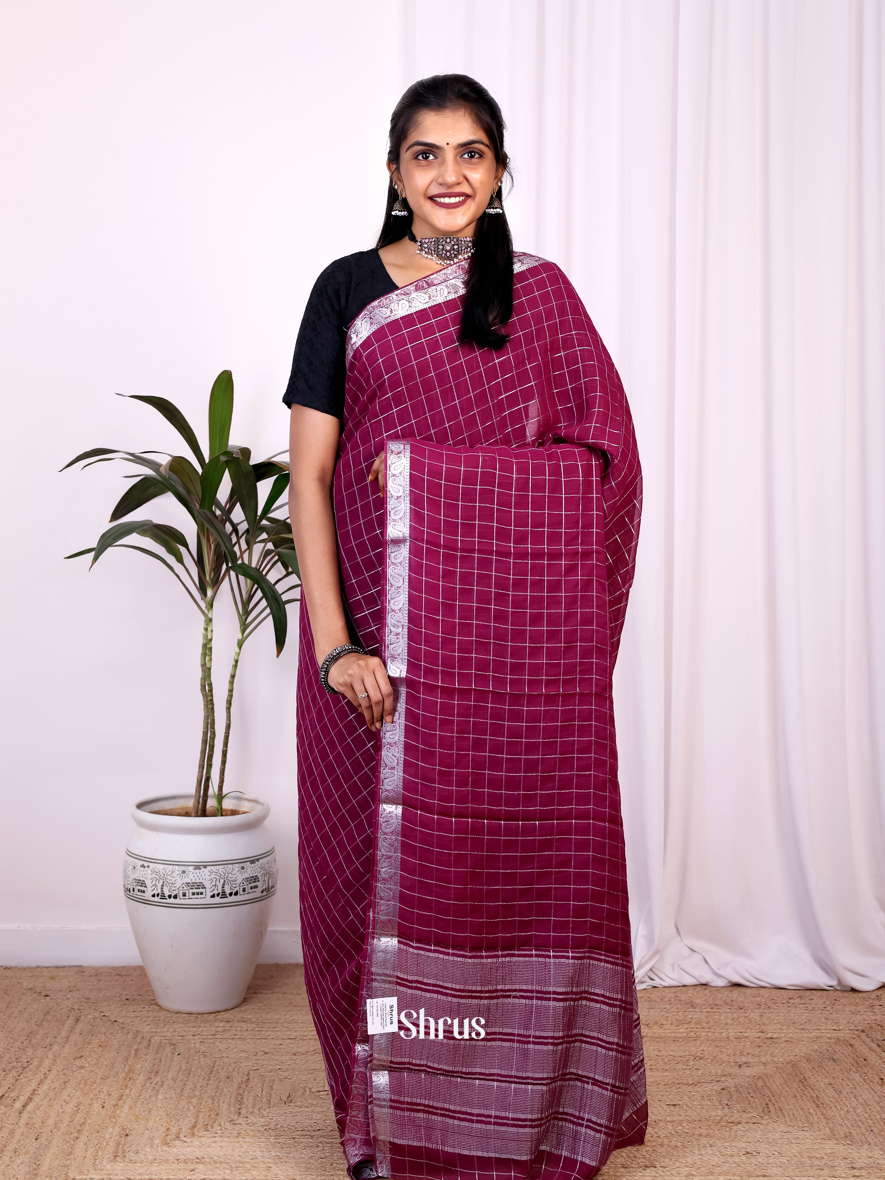 Wine - Semi Mysoresilk Saree - Shop on Shrus.com