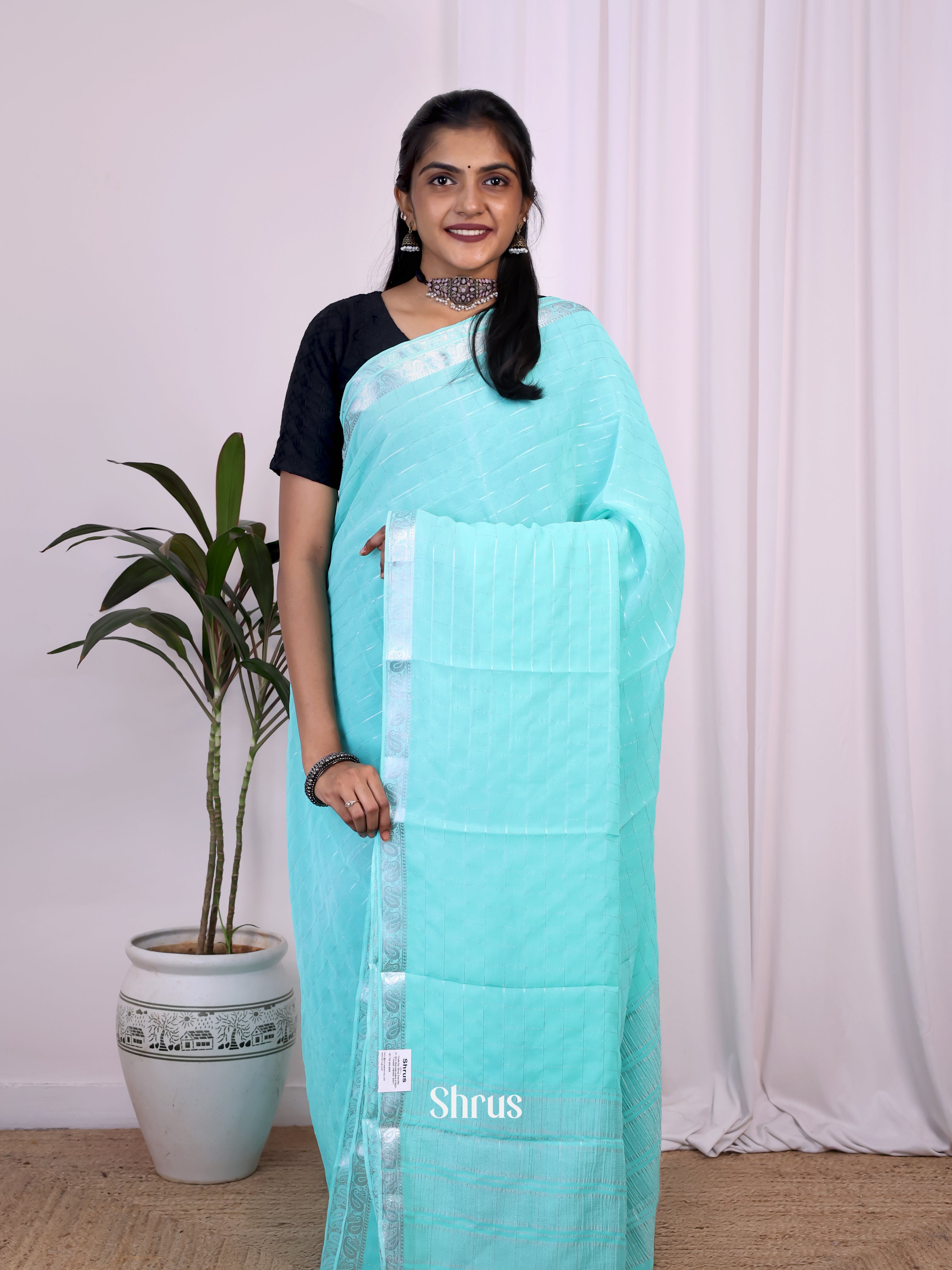 Teal - Semi Mysoresilk Saree - Shop on Shrus.com