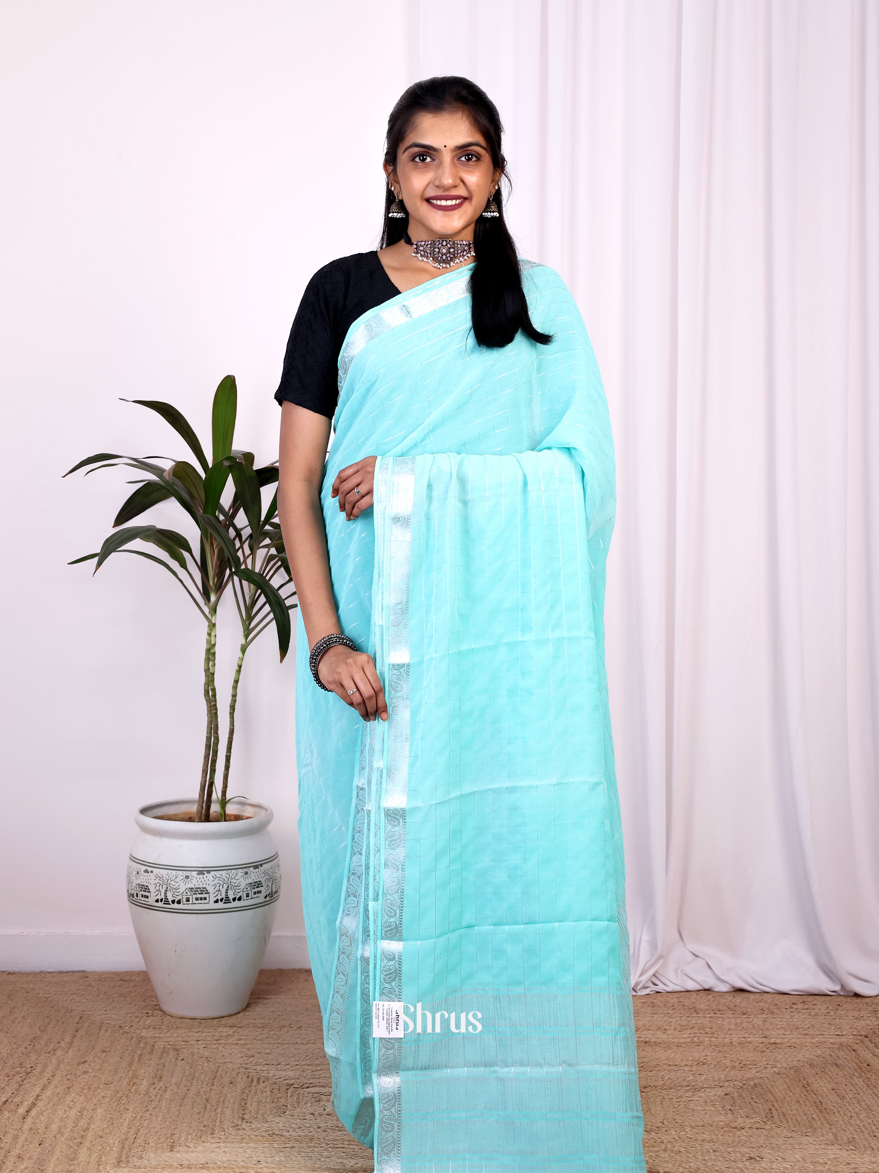 Lite Blue- Semi Mysoresilk Saree - Shop on Shrus.com