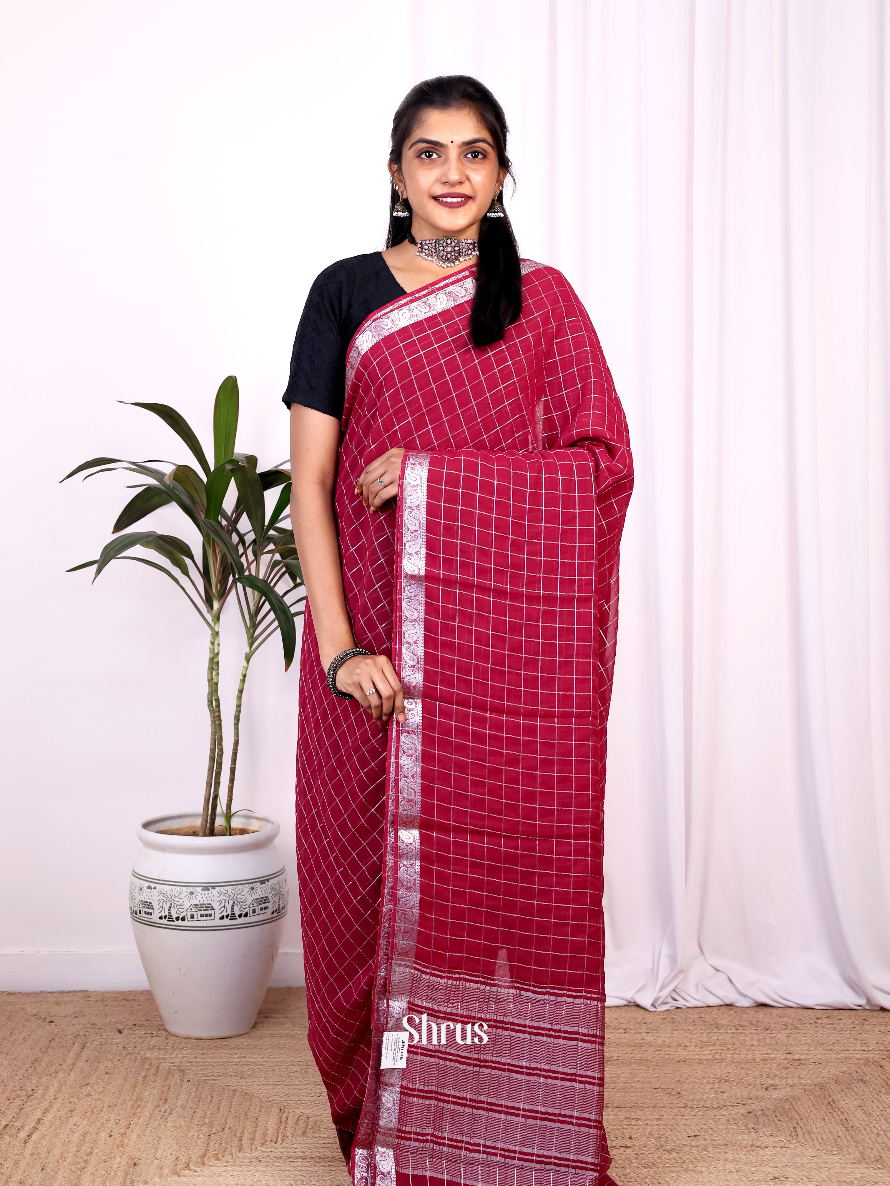 Maroon- Semi Mysoresilk Saree - Shop on Shrus.com
