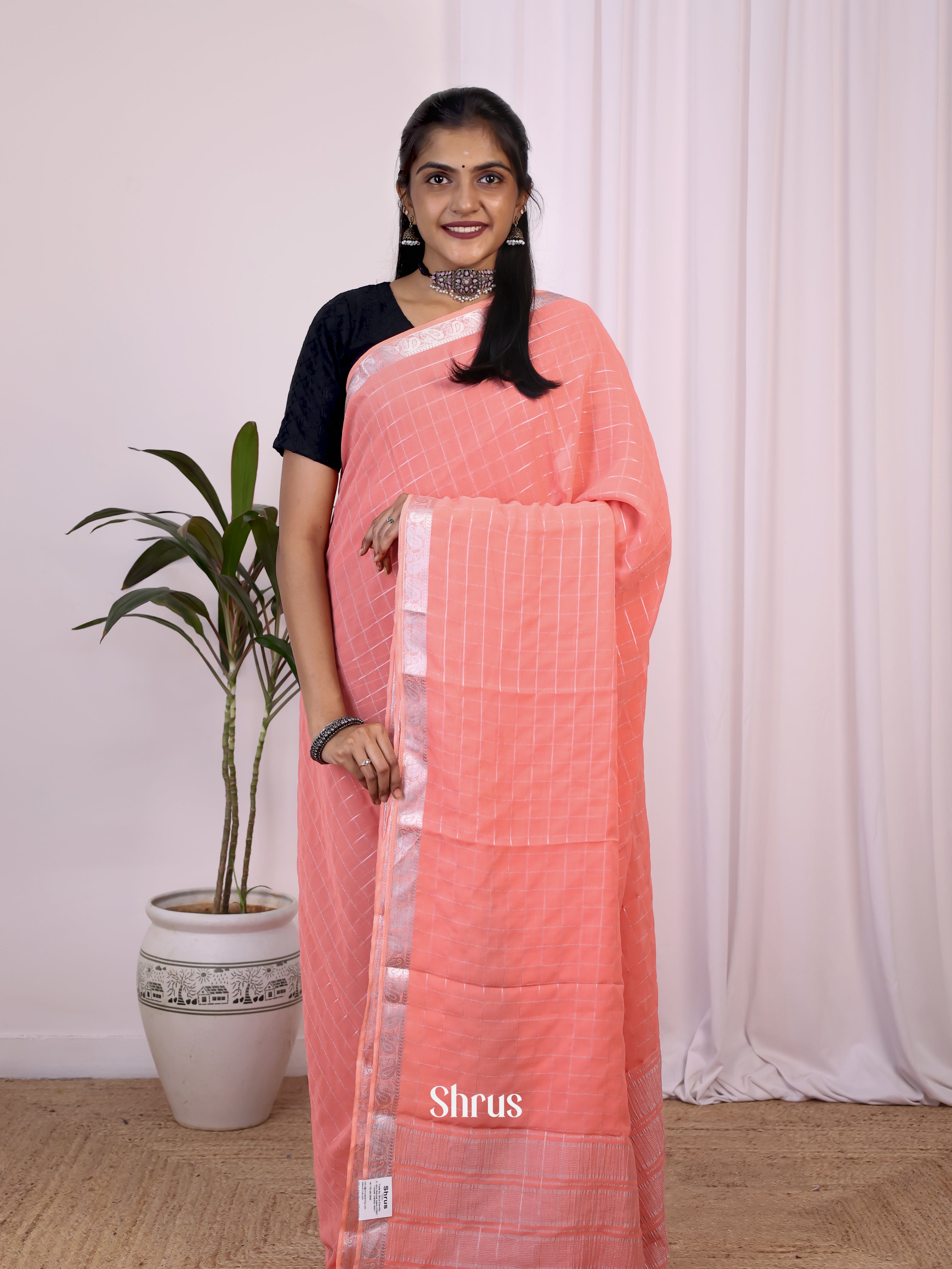 Peach - Semi Mysoresilk Saree - Shop on Shrus.com