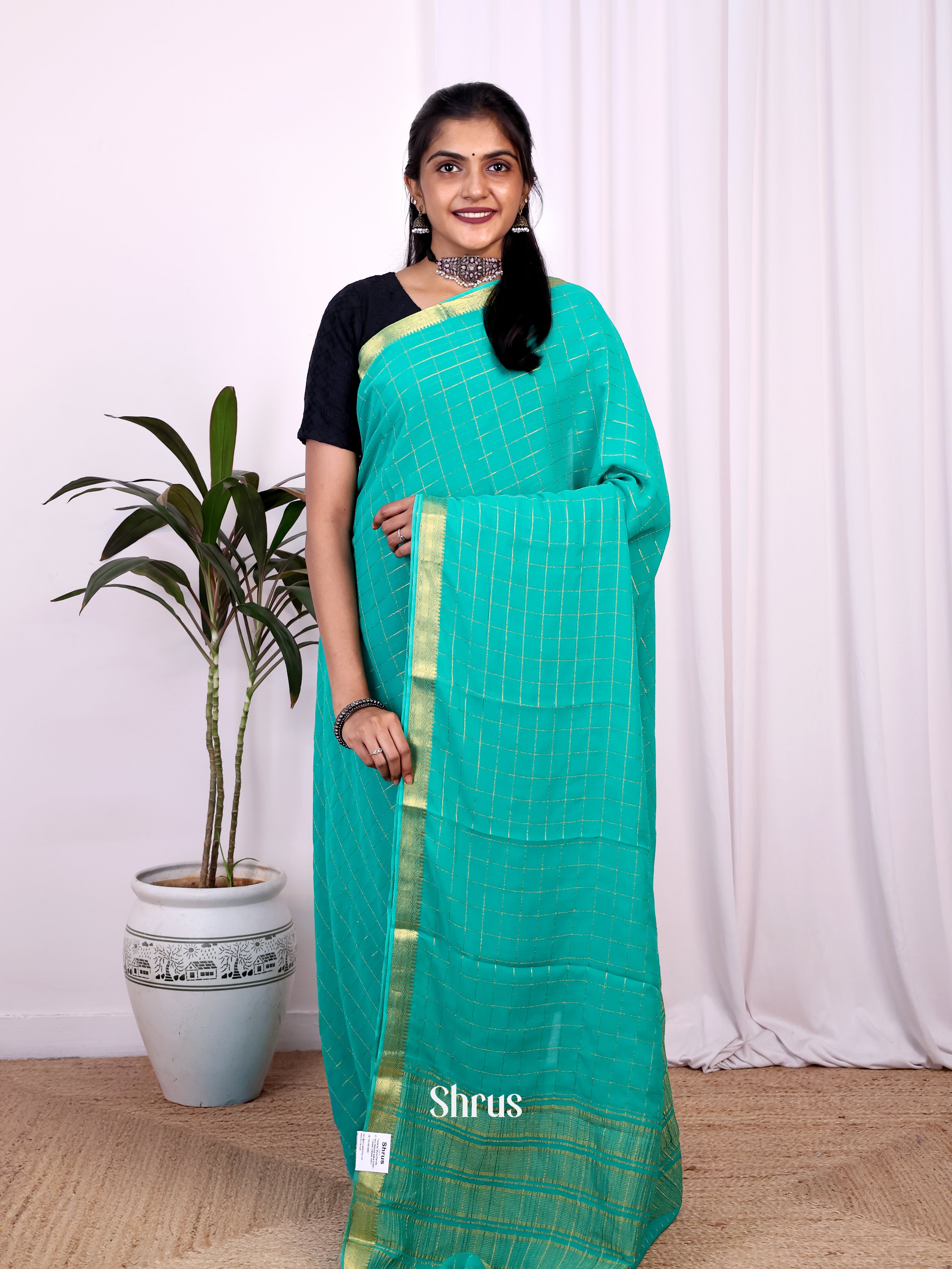 Teal - Semi Mysoresilk Saree - Shop on Shrus.com