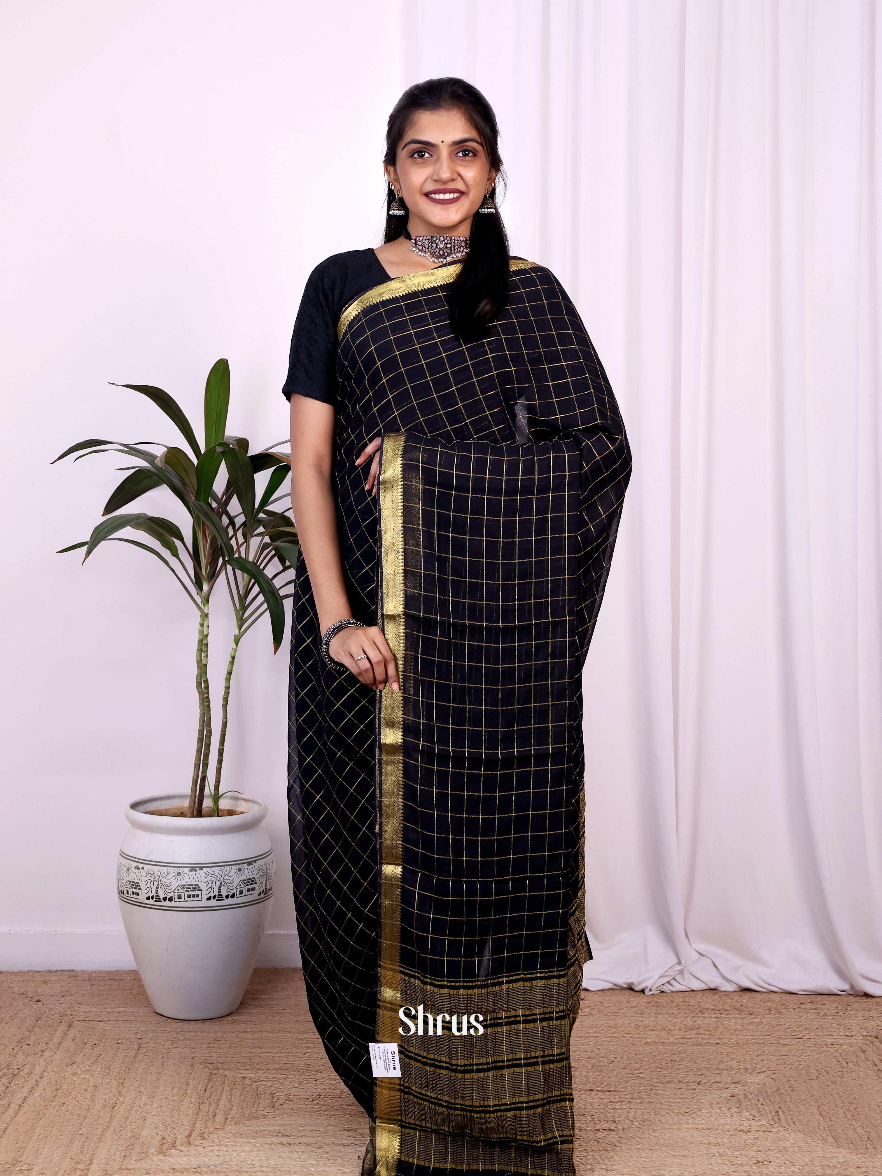 Black - Semi Mysoresilk Saree - Shop on Shrus.com