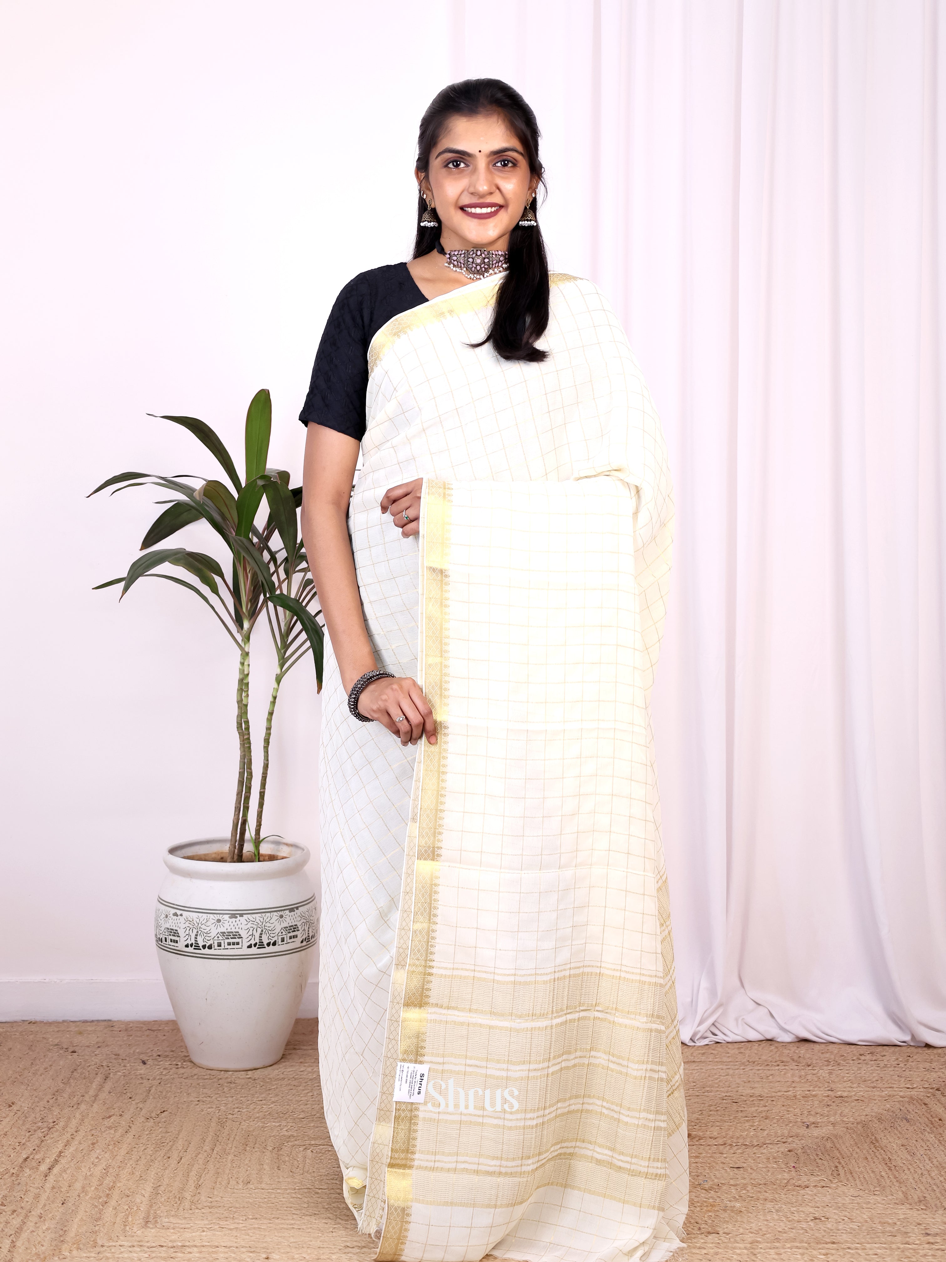 Cream - Semi Mysoresilk Saree - Shop on Shrus.com