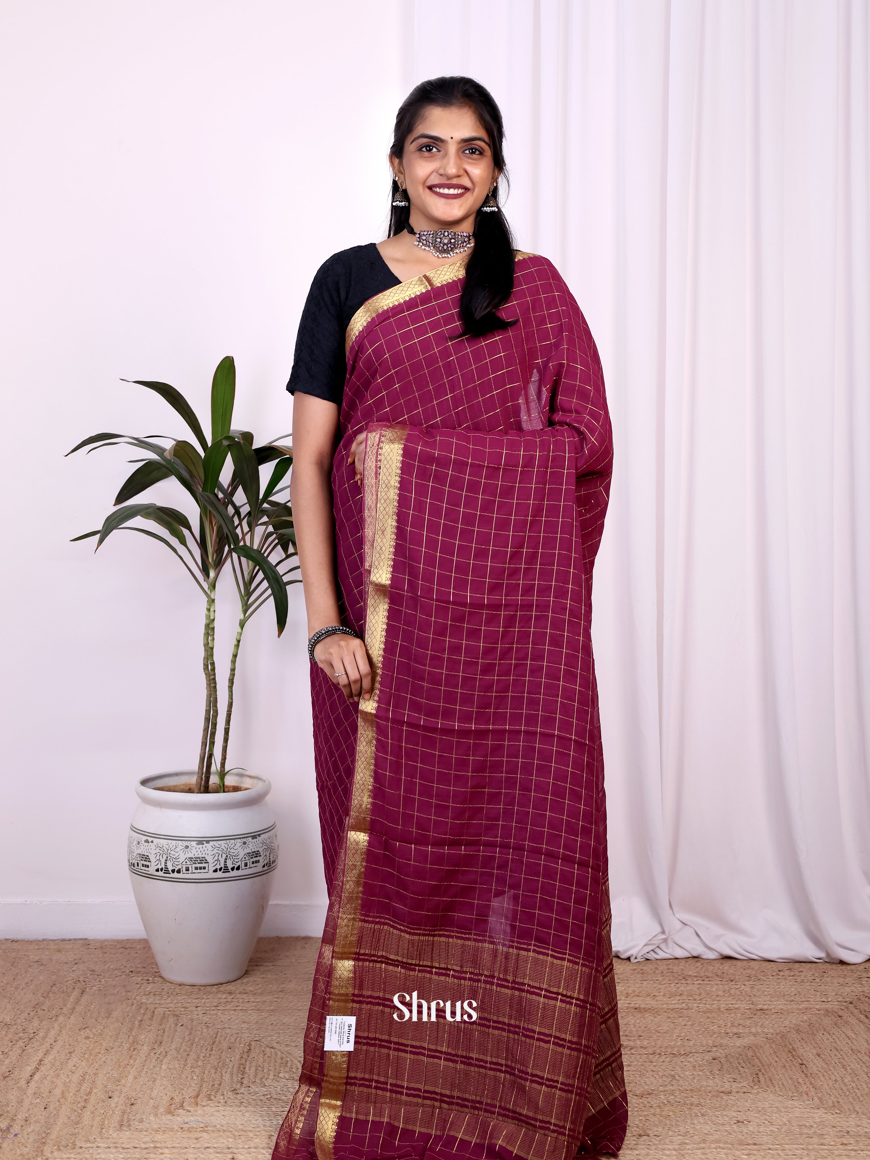 Wine - Semi Mysoresilk Saree - Shop on Shrus.com
