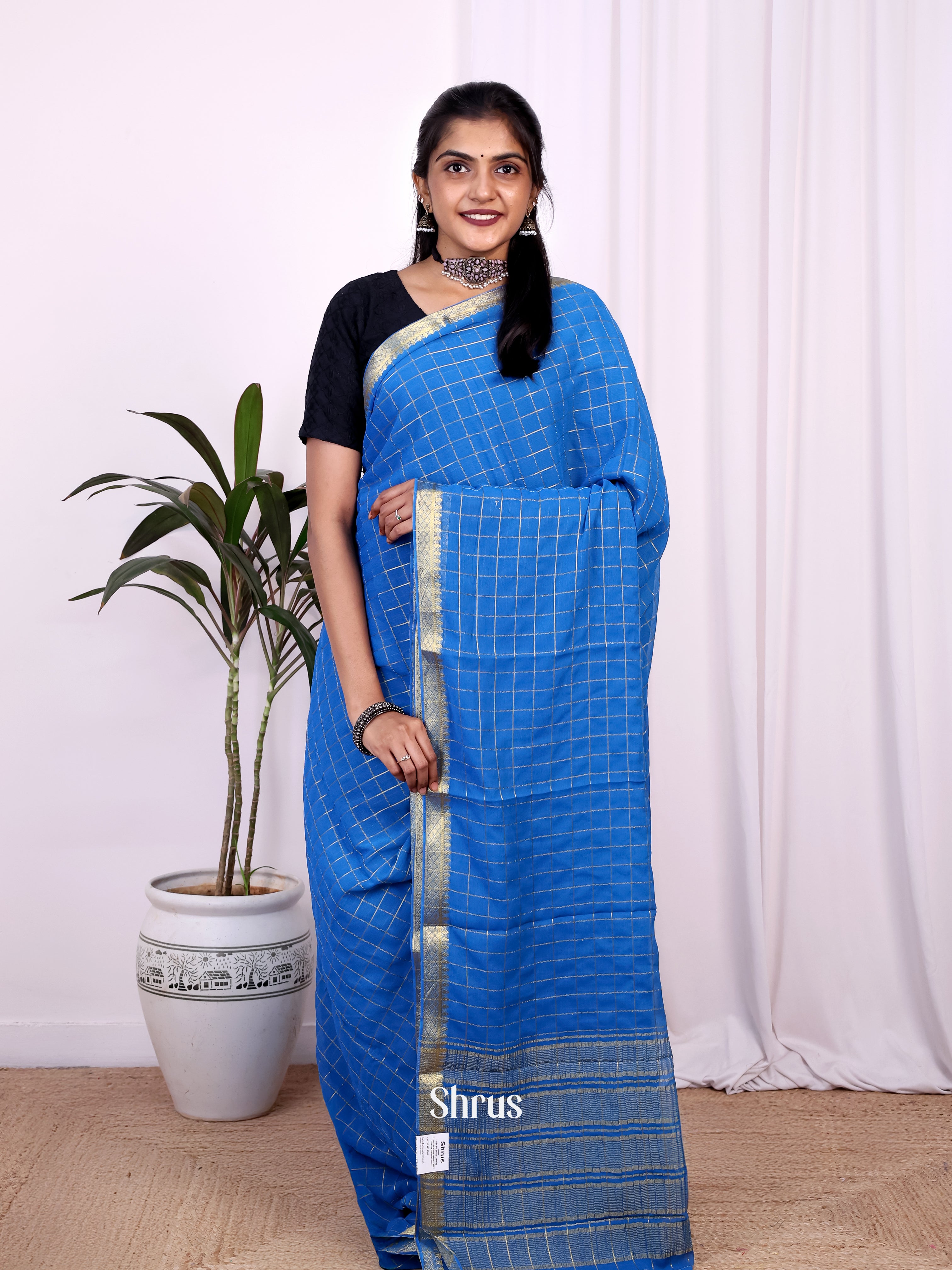 Blue - Semi Mysoresilk Saree - Shop on Shrus.com