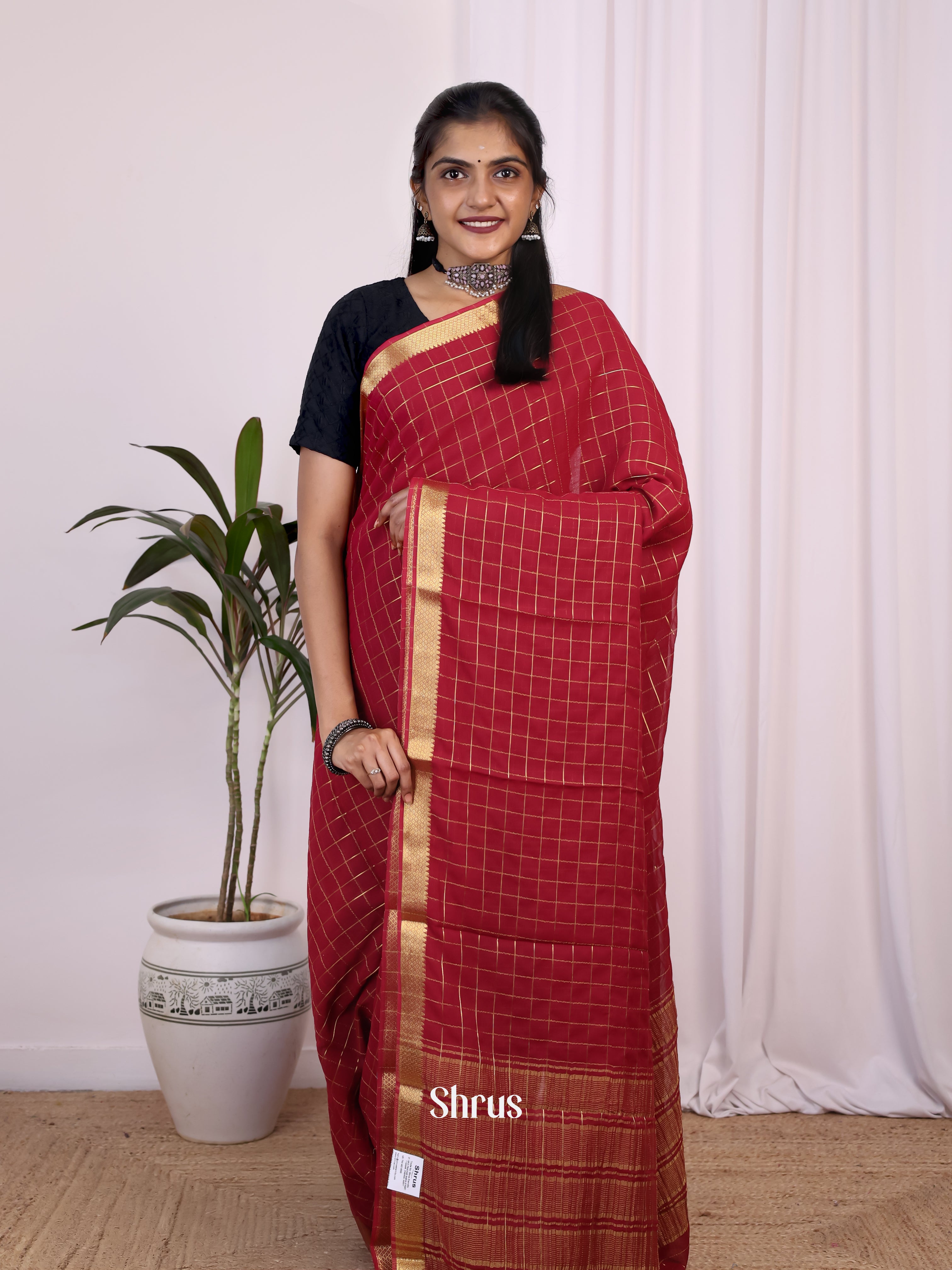 Maroon- Semi Mysoresilk Saree - Shop on Shrus.com