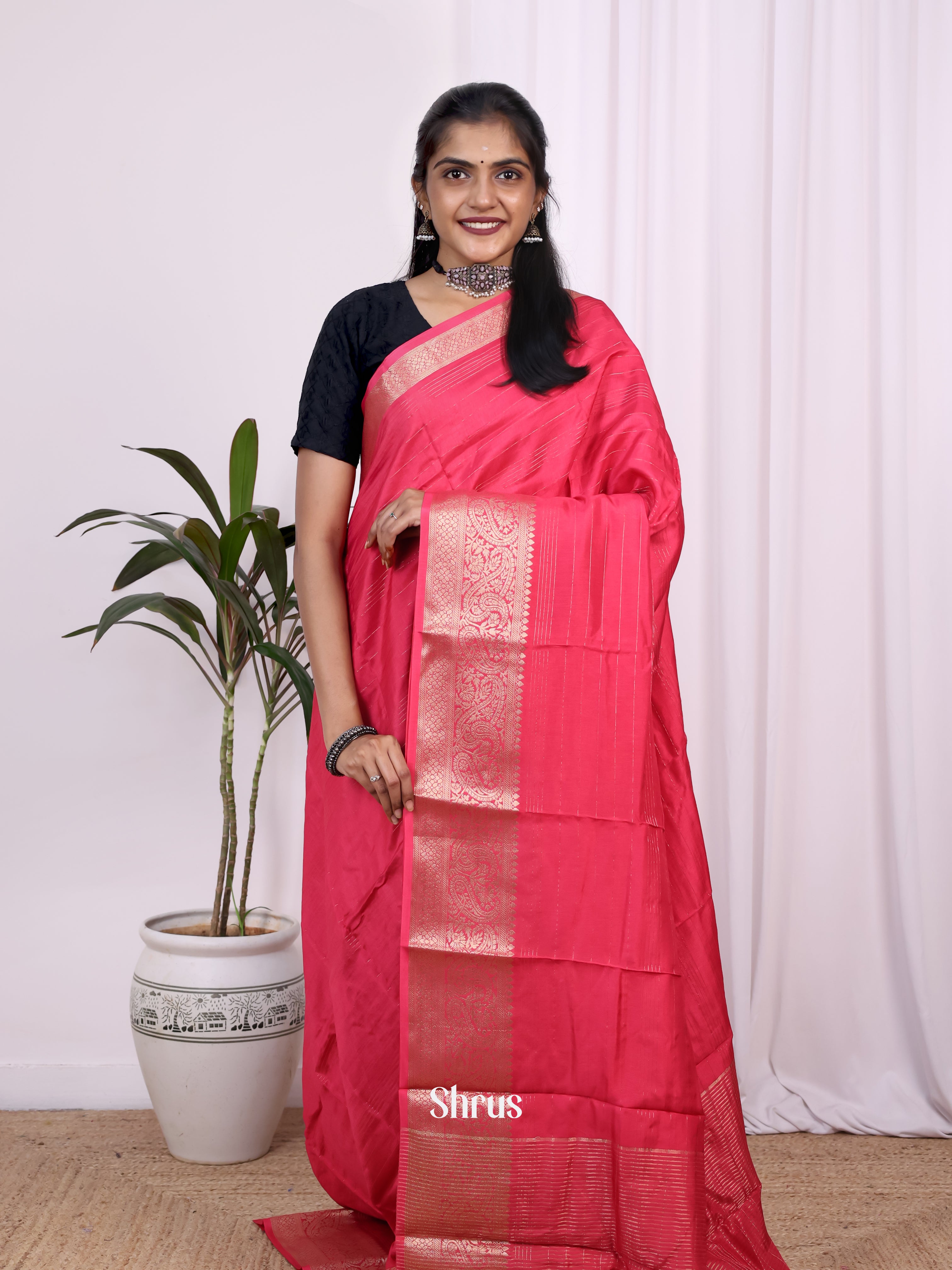 Pink & Red- Semi Mysoresilk Saree - Shop on Shrus.com