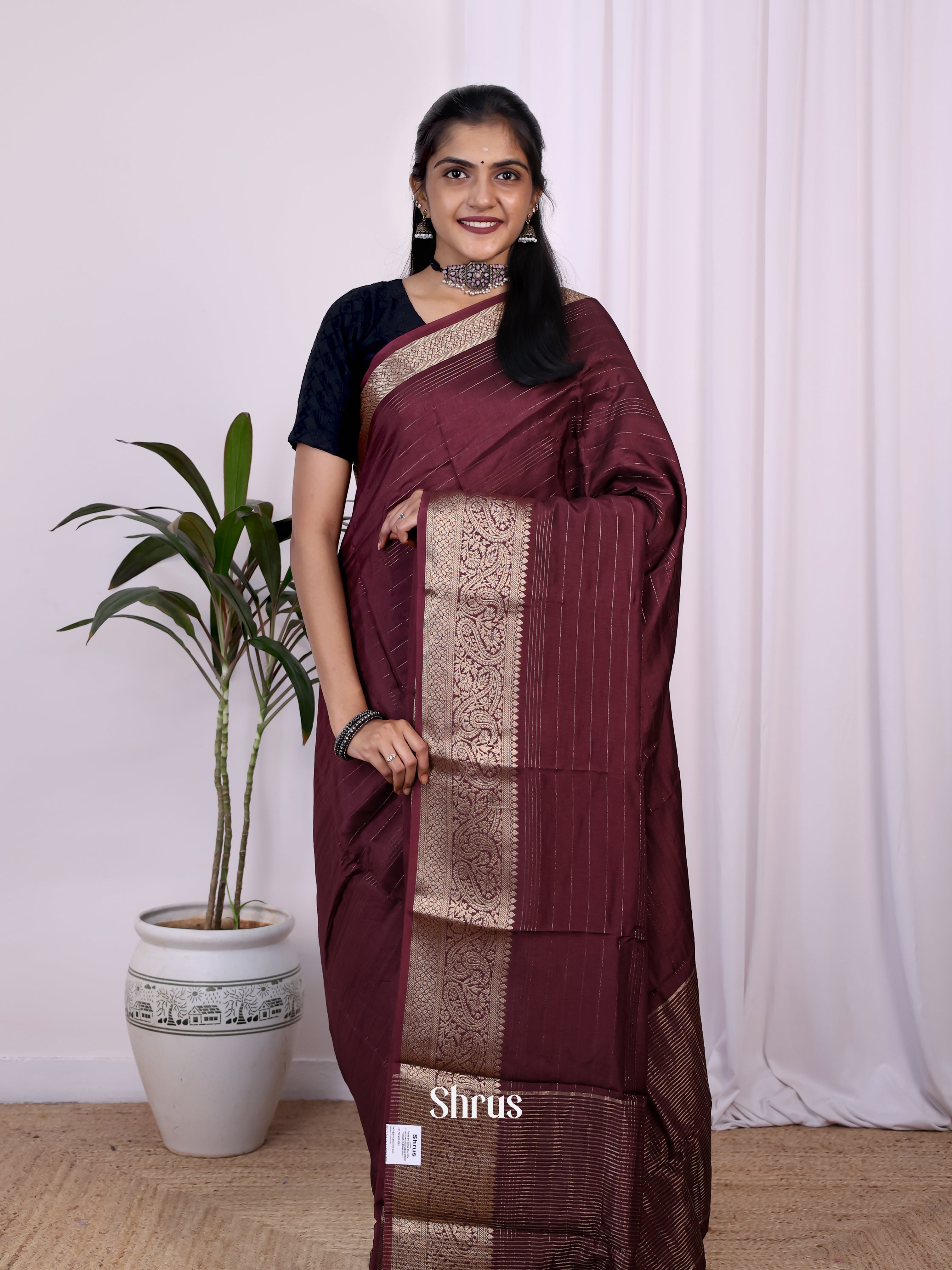 Brown - Semi Mysoresilk Saree - Shop on Shrus.com