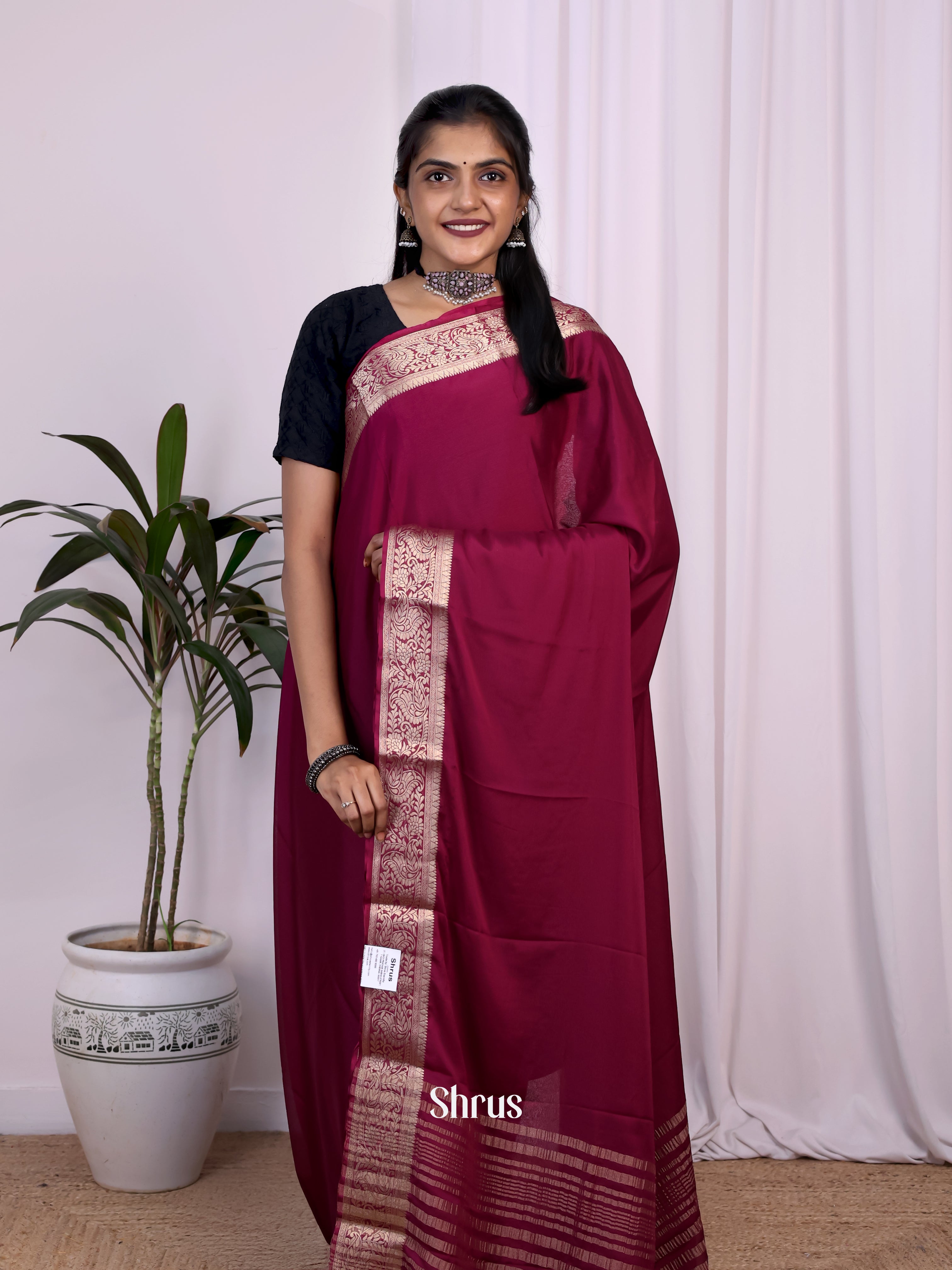 Wine - Semi Mysoresilk Saree - Shop on Shrus.com