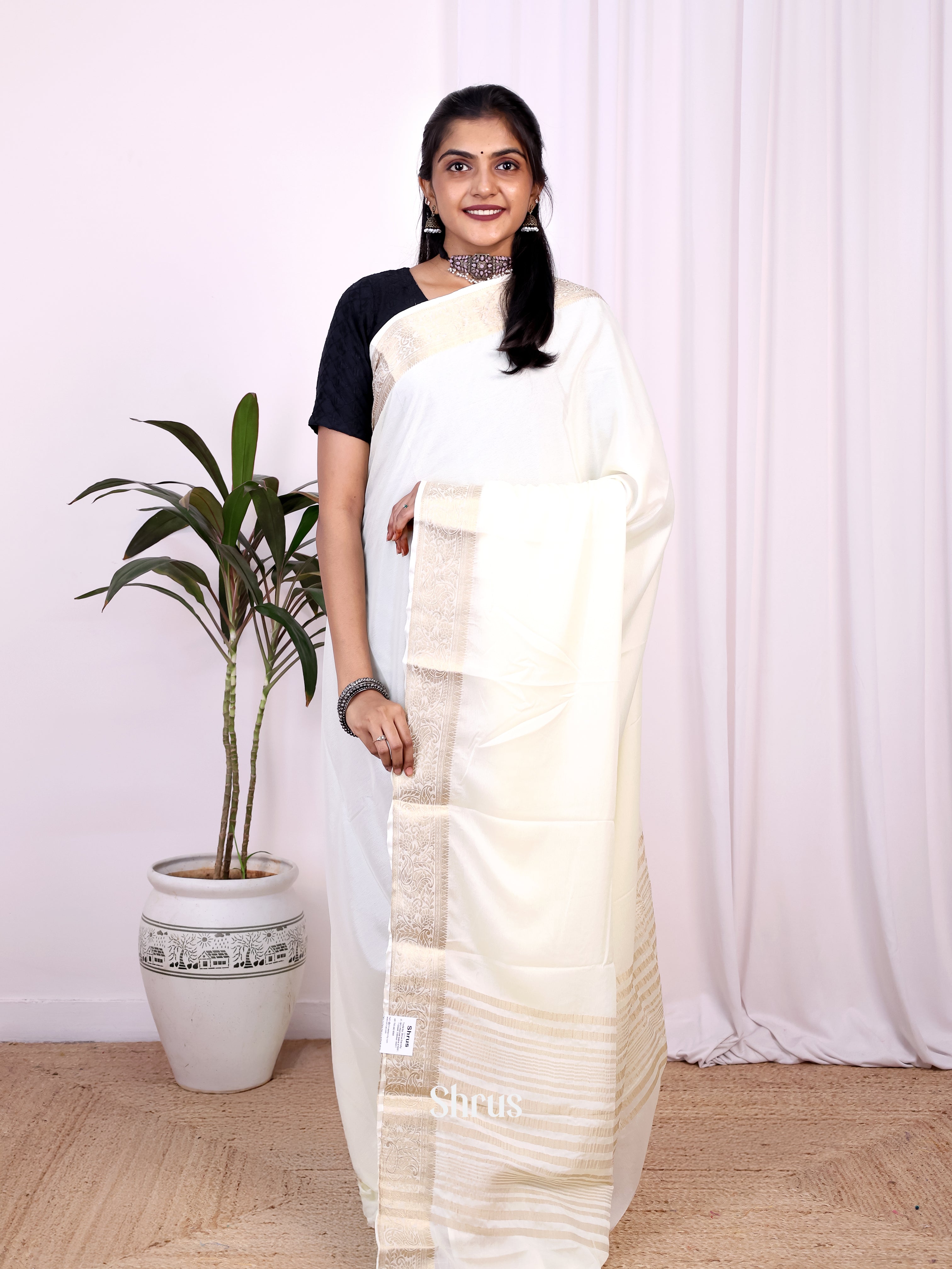 Cream - Semi Mysoresilk Saree - Shop on Shrus.com