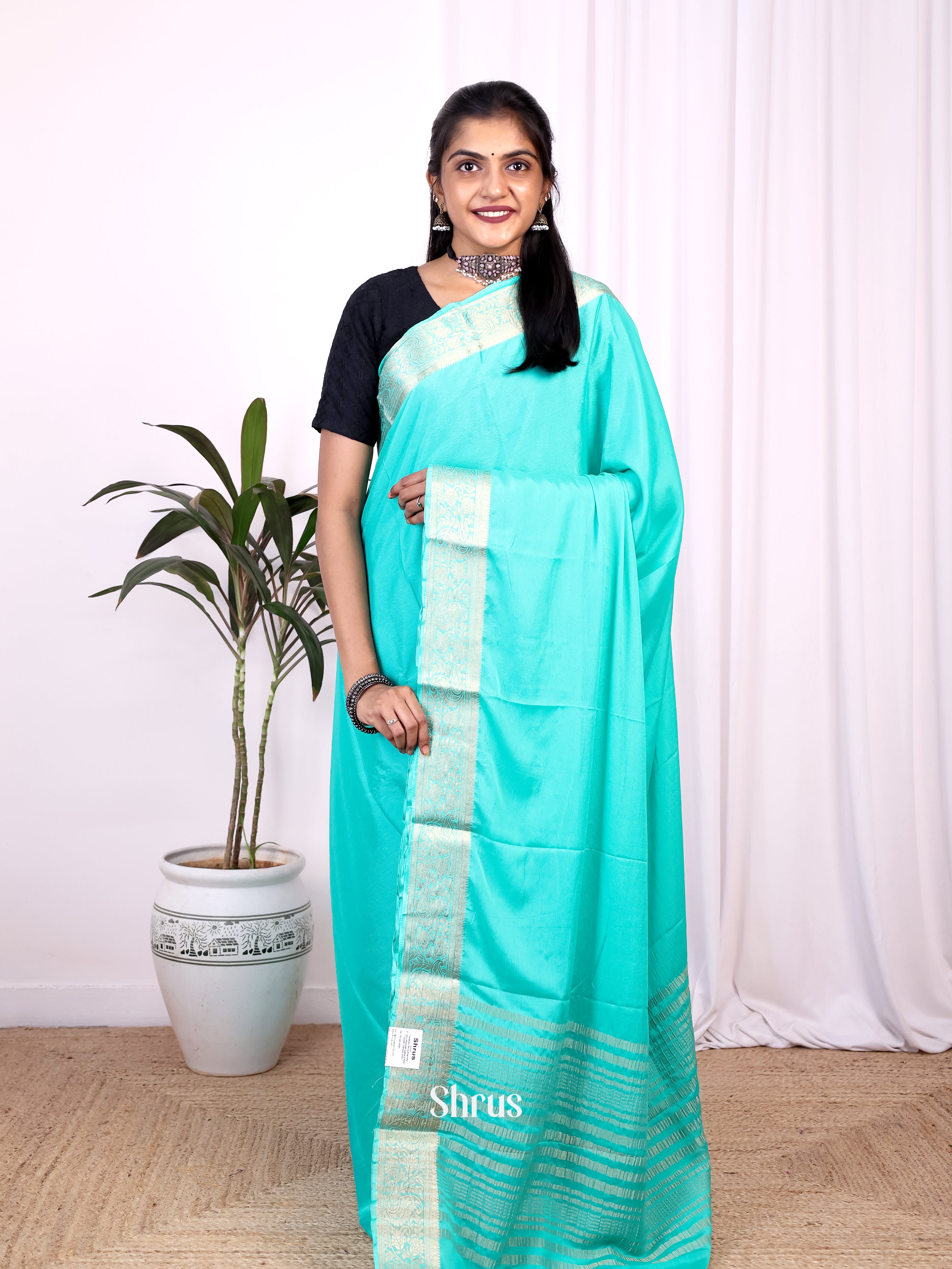 Teal - Semi Mysoresilk Saree - Shop on Shrus.com