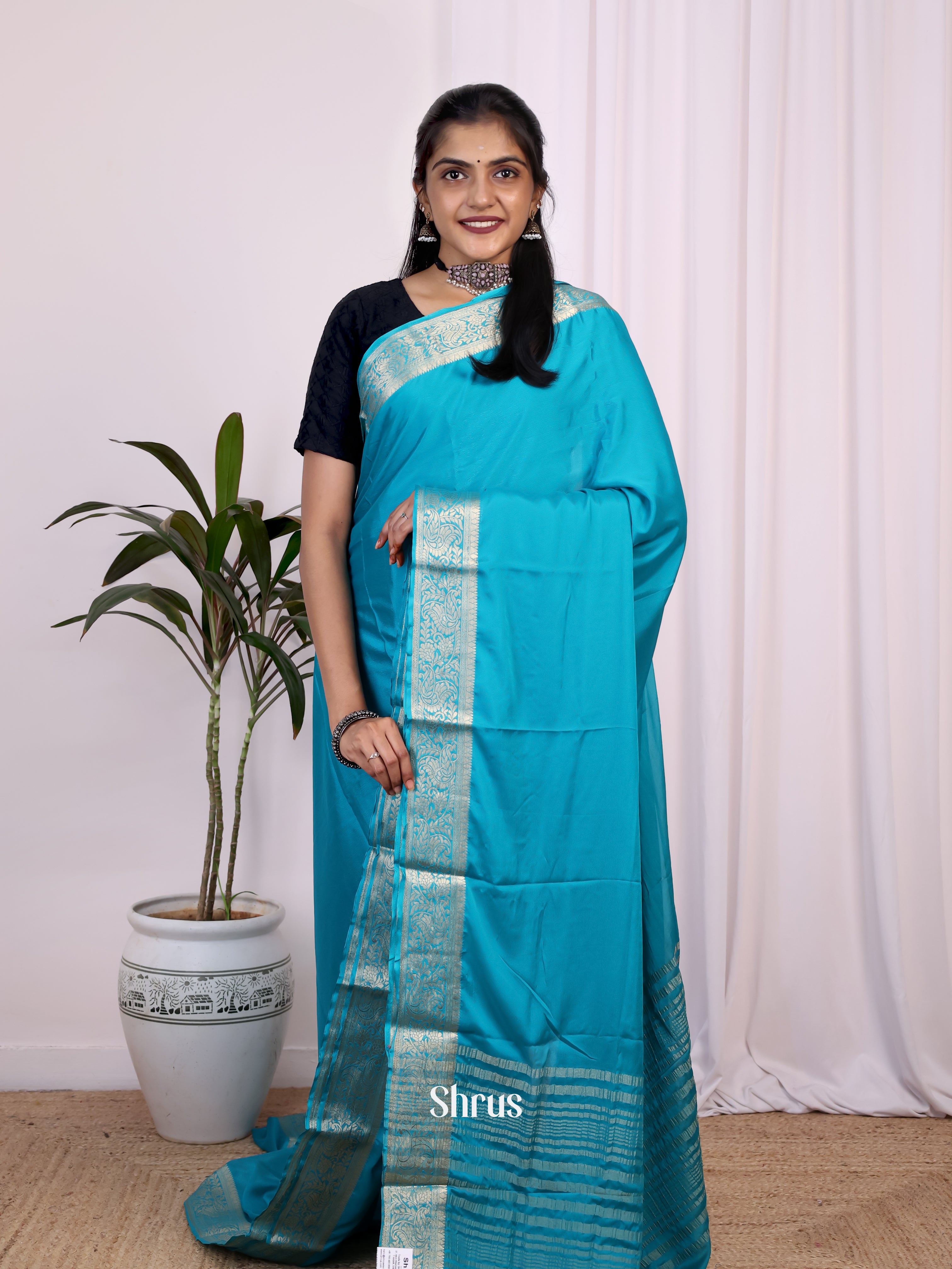 Teal - Semi Mysoresilk Saree - Shop on Shrus.com