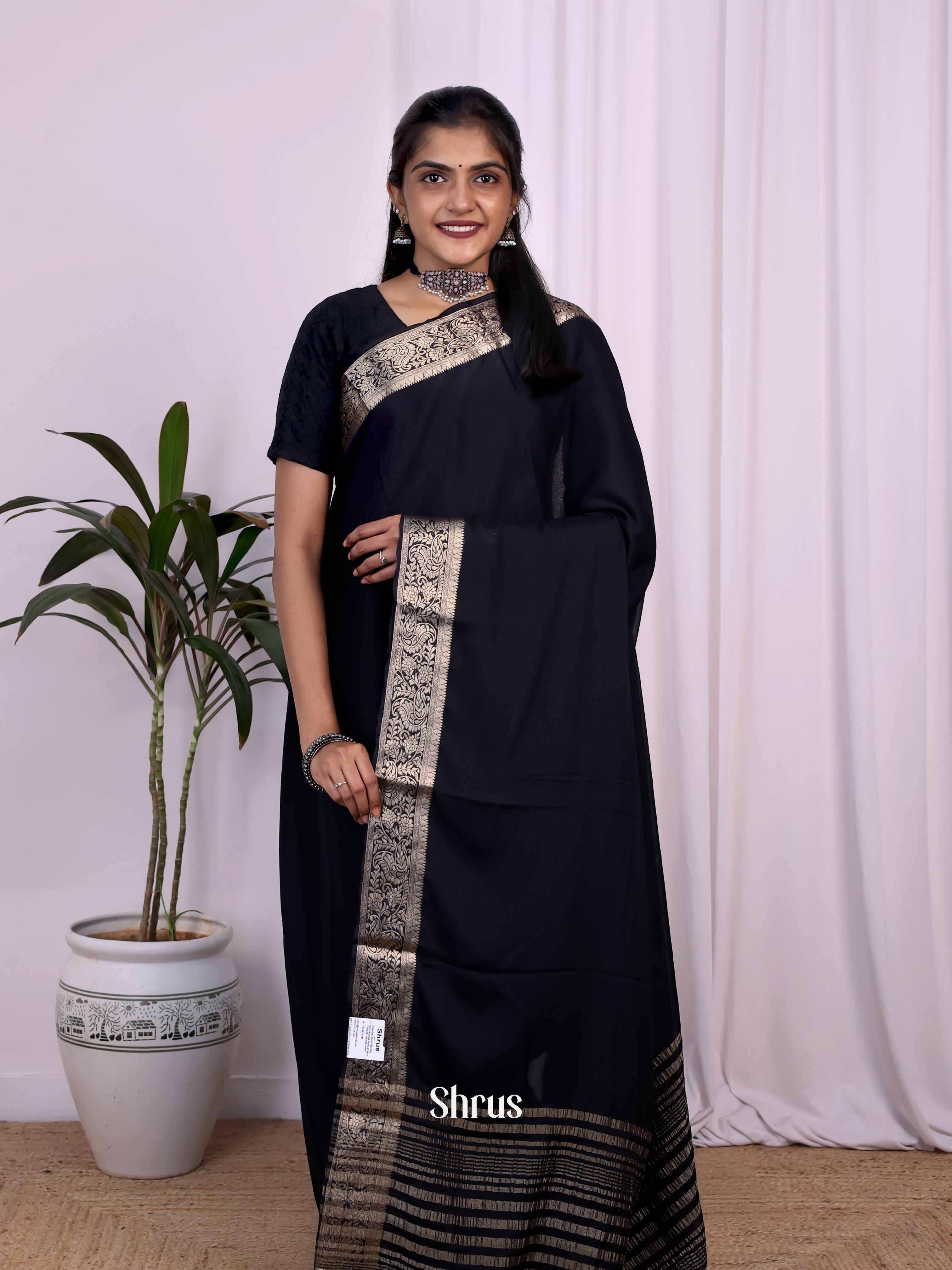 Black - Semi Mysoresilk Saree - Shop on Shrus.com