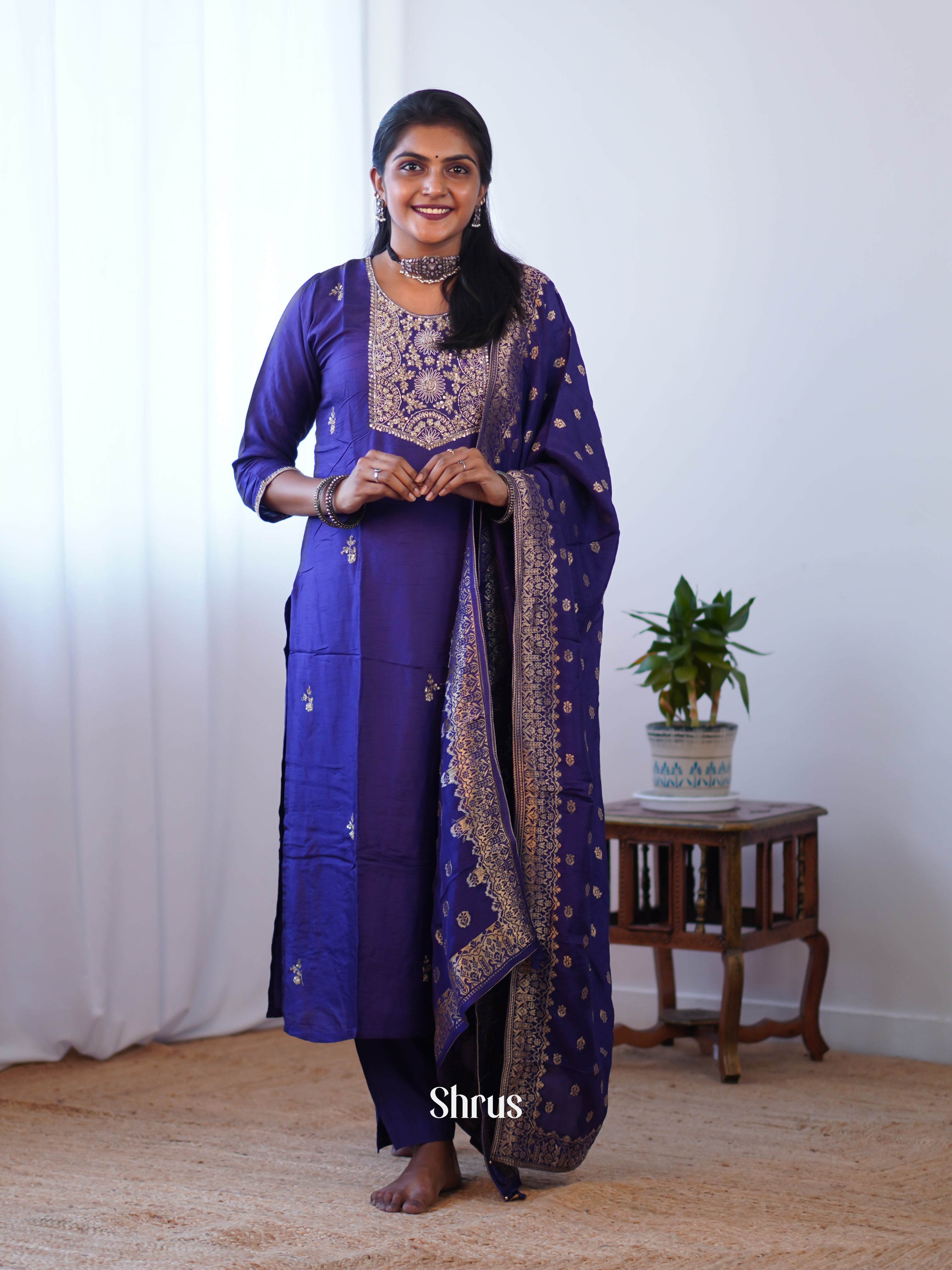Blue - 3pc zari embroidery Readymade Suits - Shop on Shrus.com