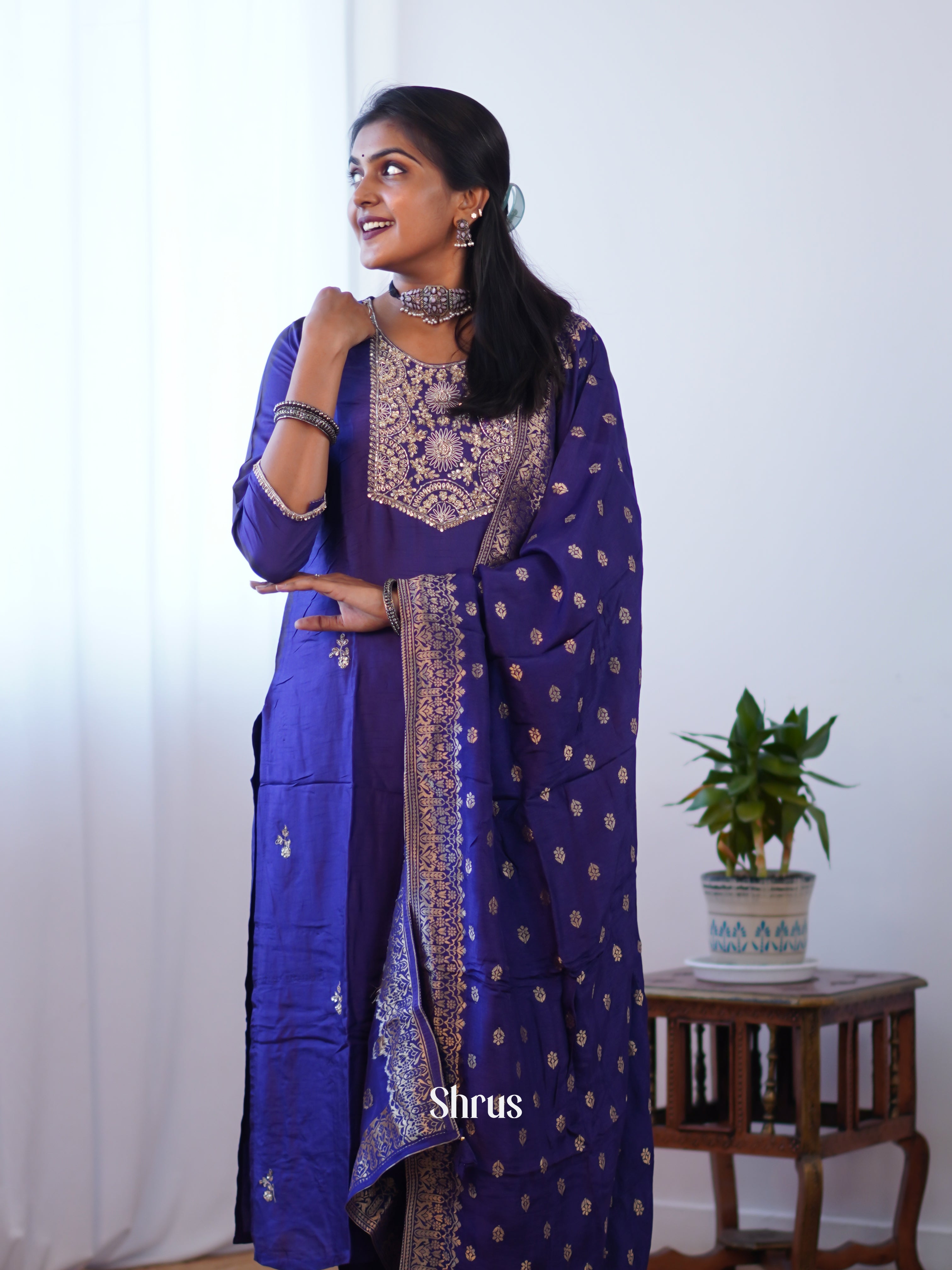 Blue - 3pc zari embroidery Readymade Suits - Shop on Shrus.com