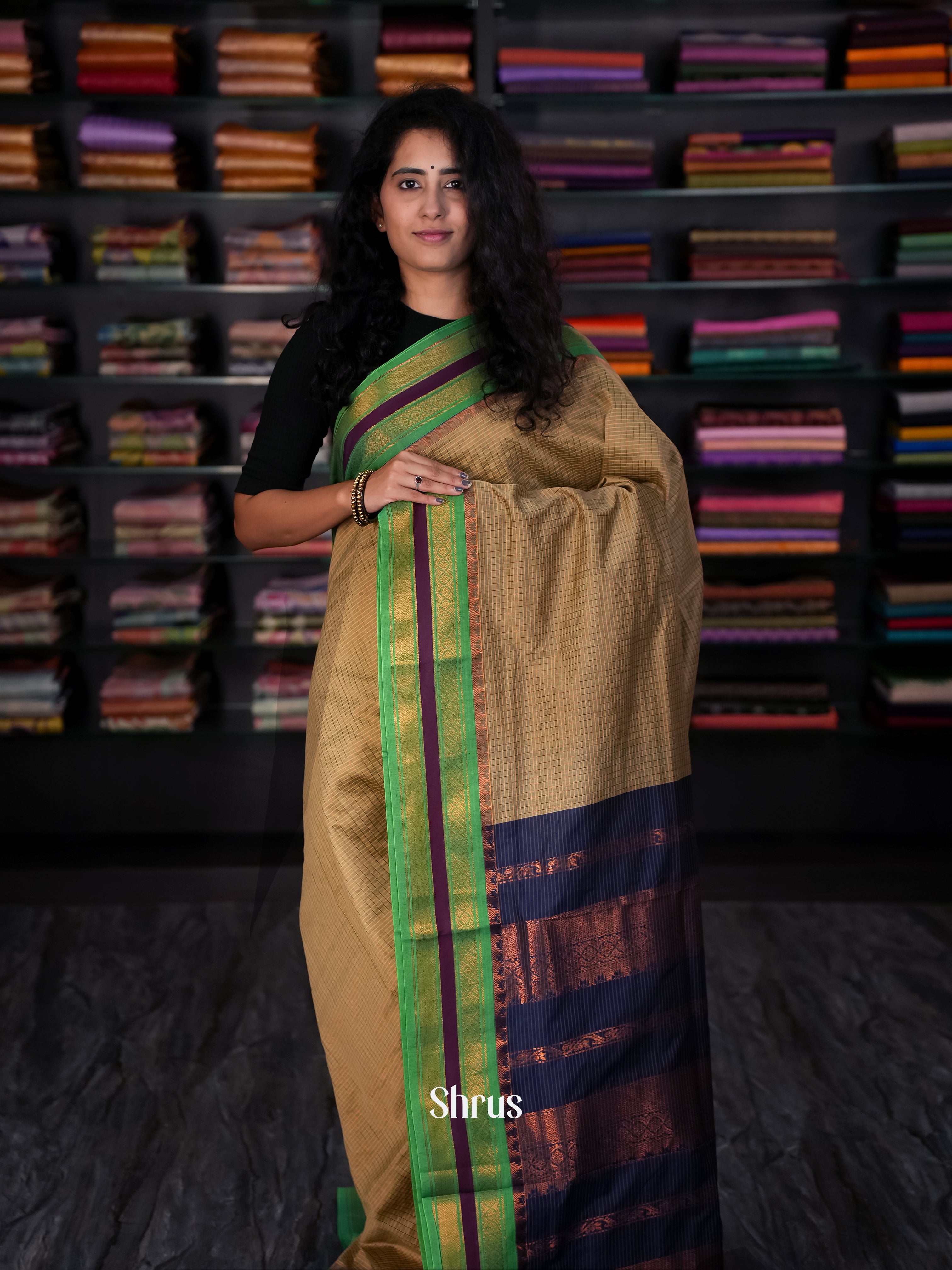 Lite Brown & Blue - Kalyani Cotton Saree - Shop on Shrus.com