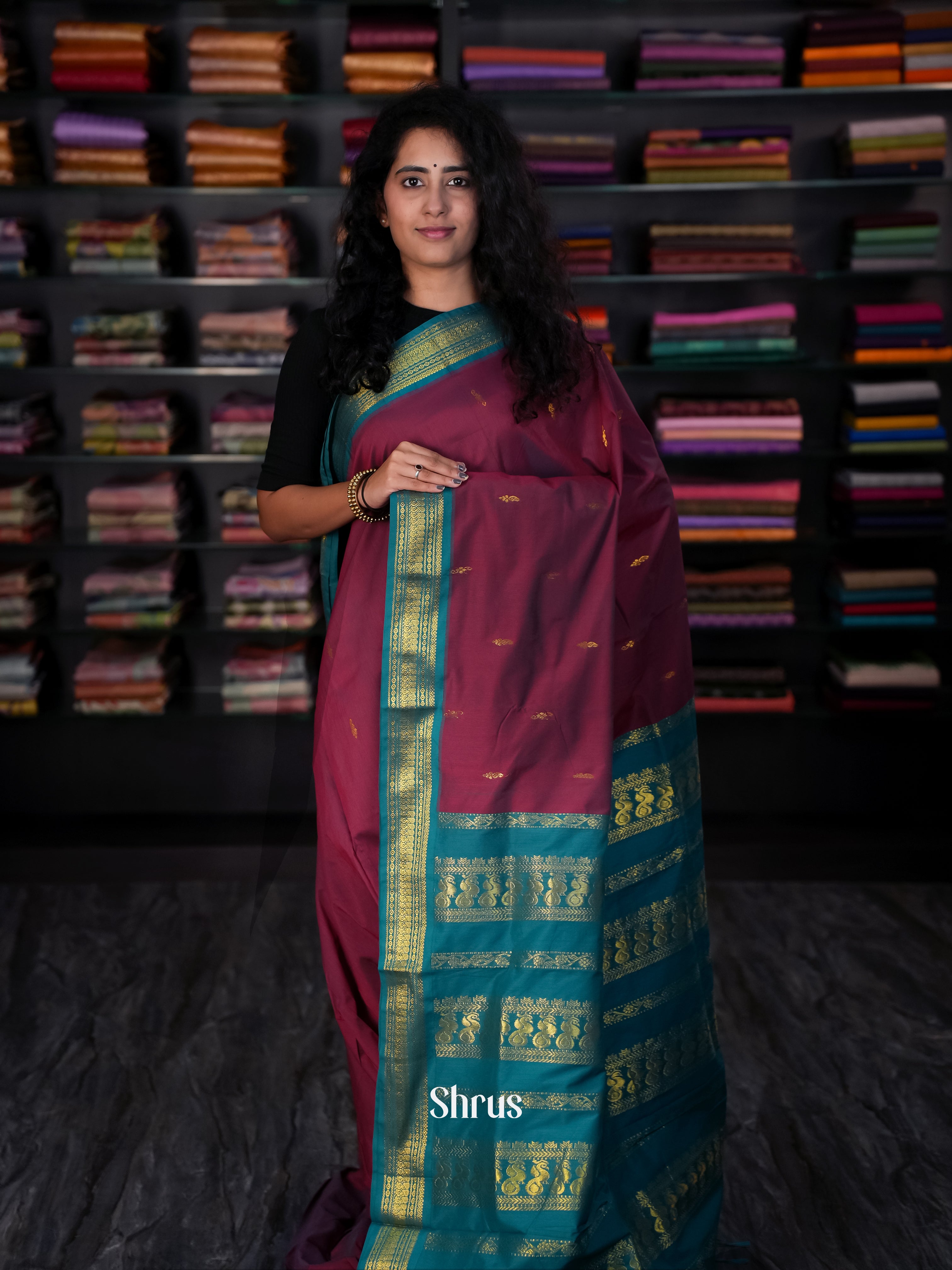 Maroon & Green- Kalyani Cotton Saree - Shop on Shrus.com