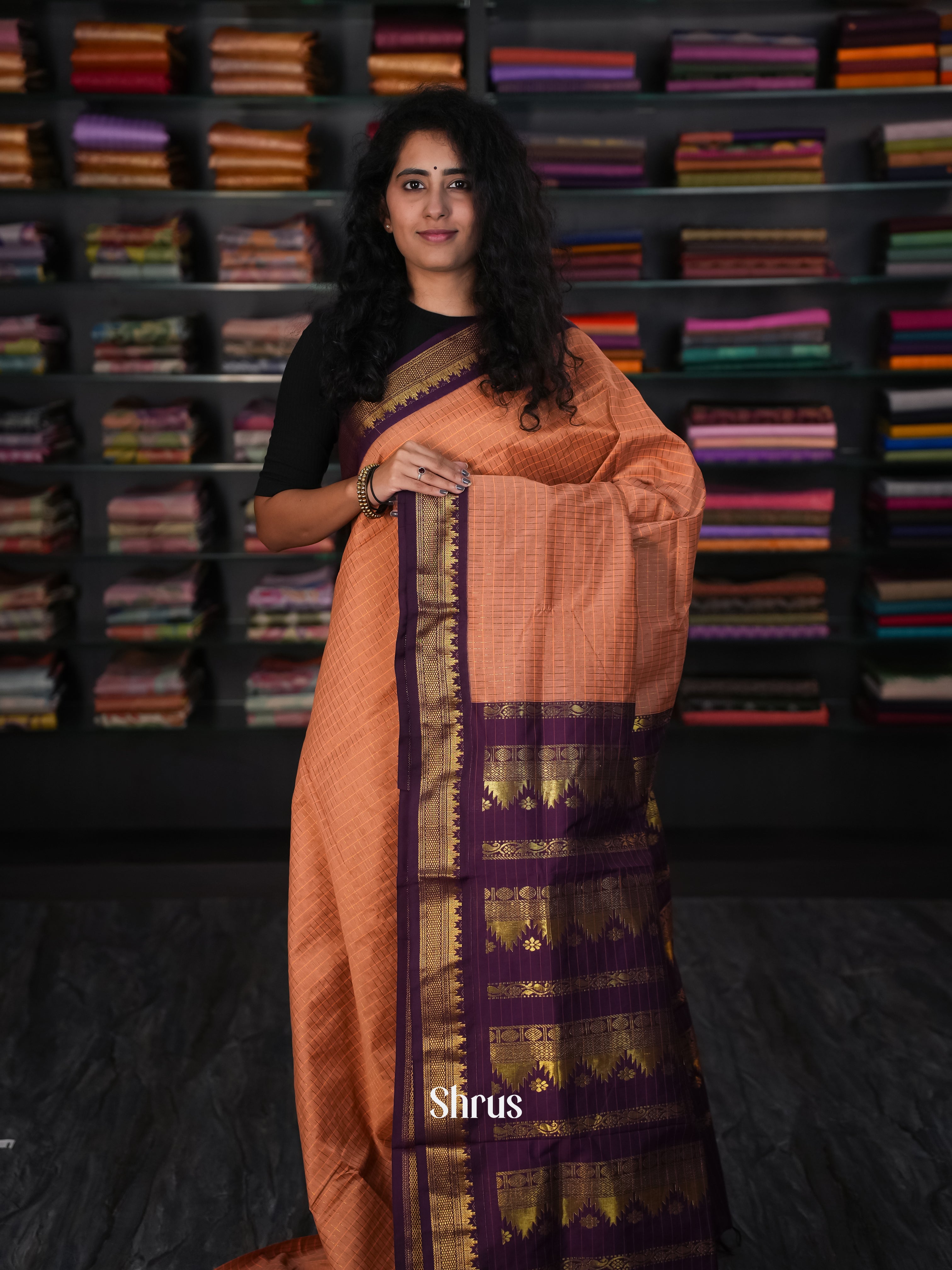 Brown & Violet - Kalyani Cotton Saree - Shop on Shrus.com